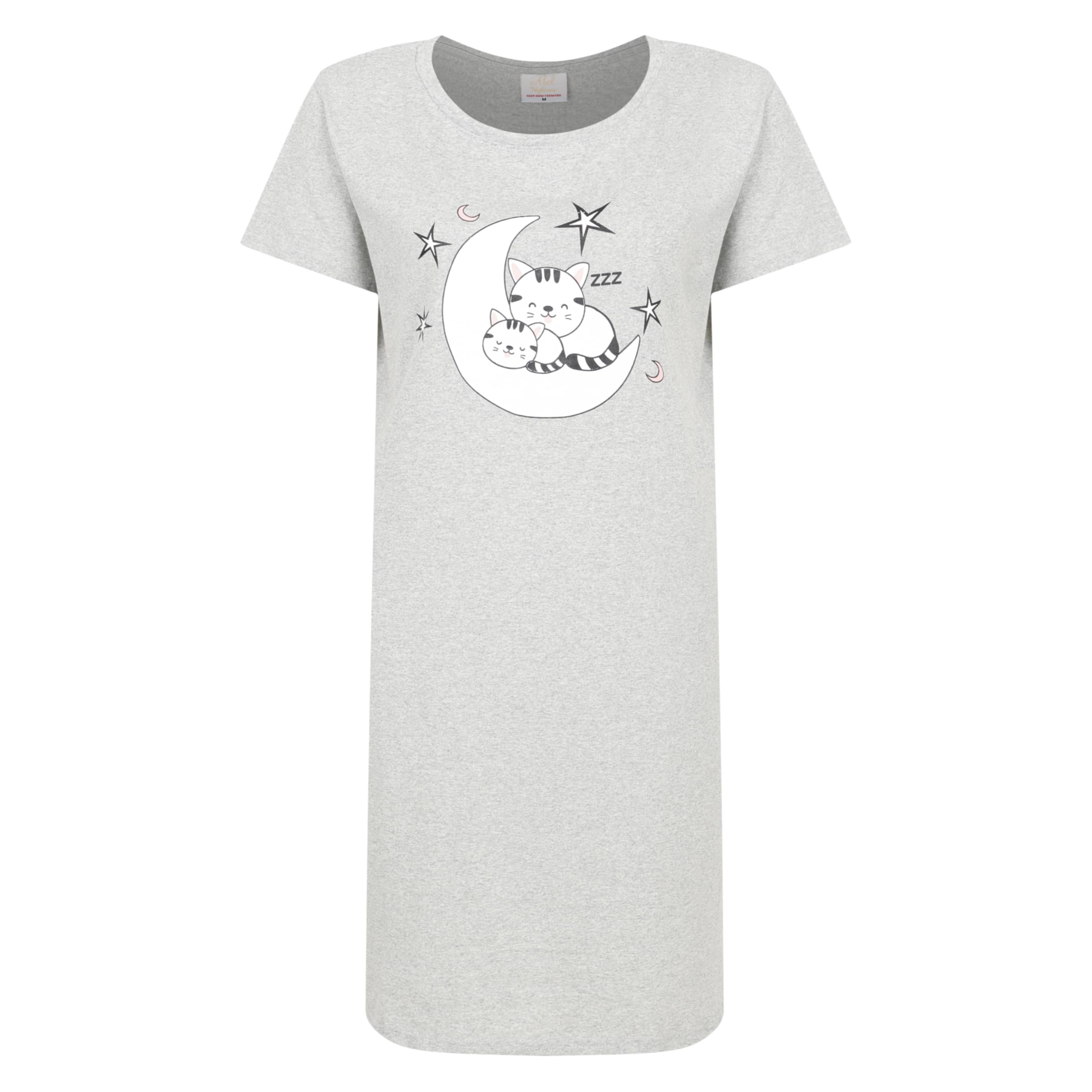 Ex Uk Store Women's Abel D4 - Grey - Cat Snooze Nightie Novelty Prints Short Sleeve Uk Sizes 8 To 22 Jersey Nightdresses (D4 - L)