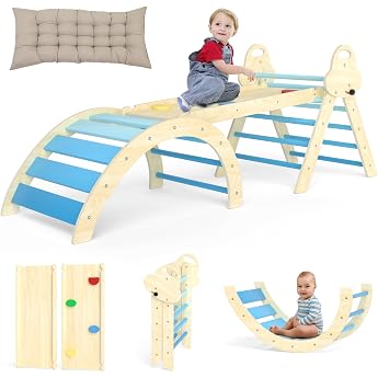 Puecrof 7-in-1 Montessori climbing triangle with pillow   wood climbing toy for toddlers 1-3 years   indoor climbing arch with slide ladder & play arch blue