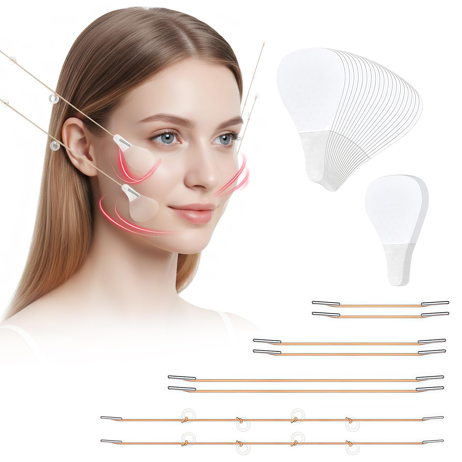 Face Lifting Tape, 80 pezzi Fasce Invisibili + 4 Fili Tensori, Cerotti Lifting Viso, Face Lift Tape Invisible, per un Contorno Viso a V Immediato di Visos, Collo e Zona Occhi