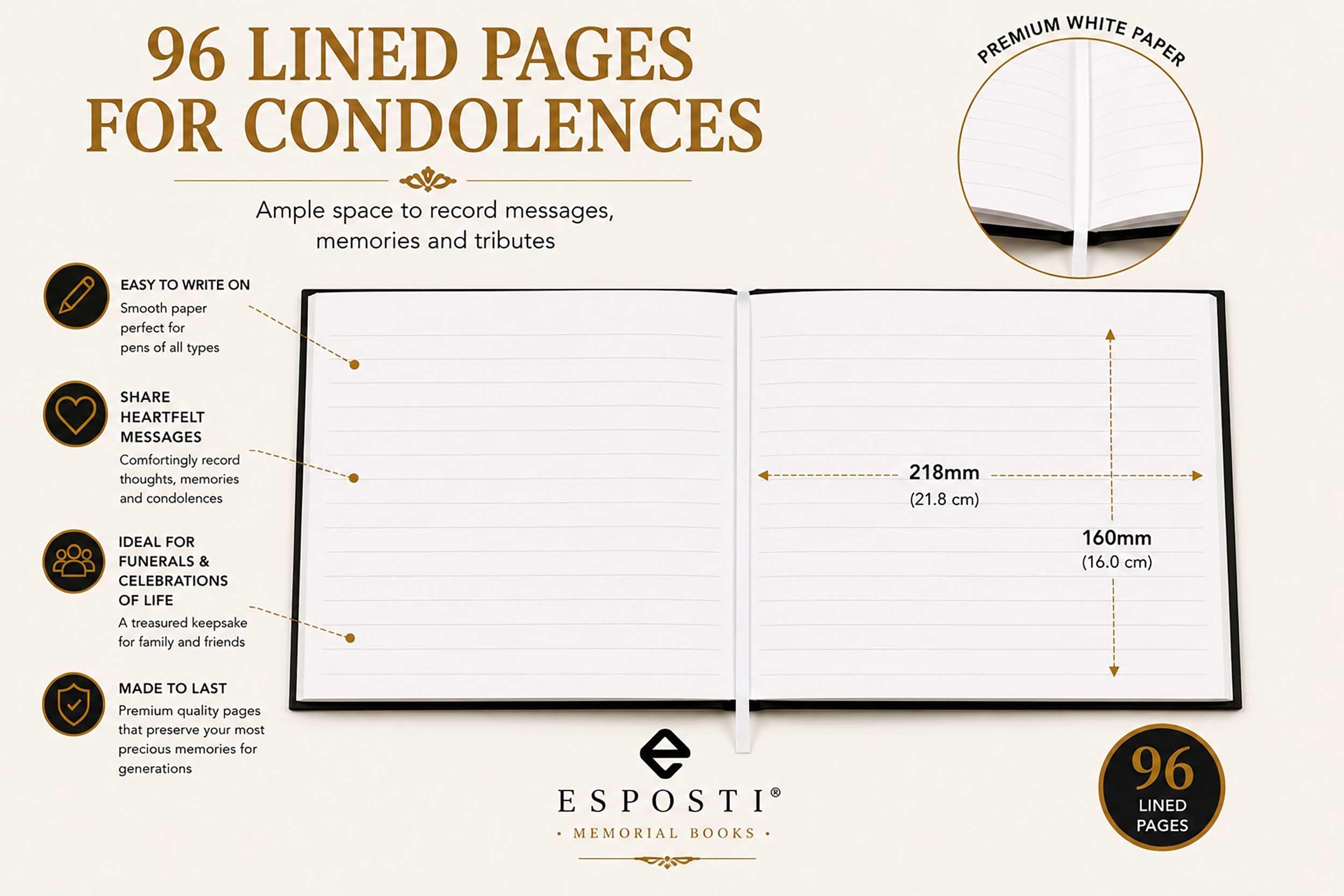 Livre de condoléances funéraires Esposti Arbre de vie | Pages lignées | Boîte | Noir | 218 x 160 mm