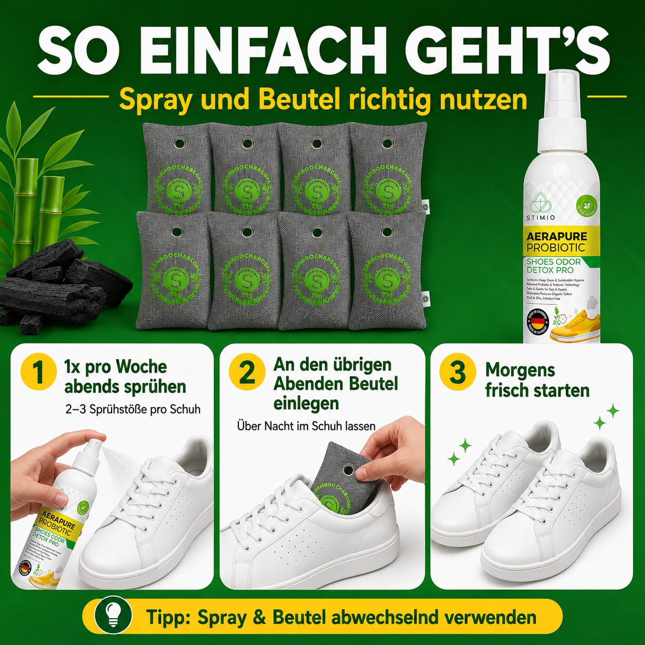 Anti-Geruch Set für Schuhe – 8x Aktivkohlebeutel + 100ml probiotisches Spray – gegen Fußgeruch & Schweißfüße – natürliches Schuhdeo ohne Chemie – Schuhgeruch entfernen & Schuhe trocknen