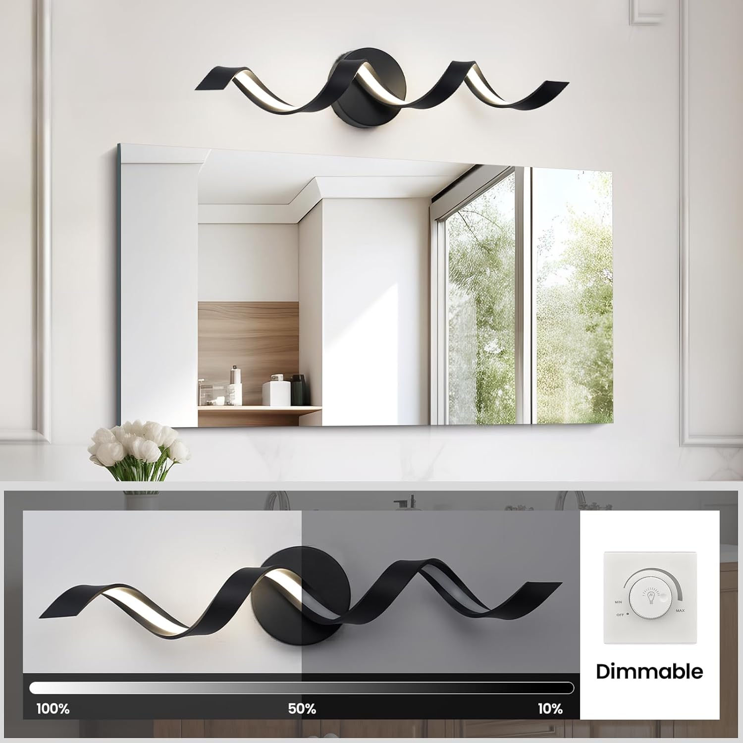 LED Modern Bathroom Vanity Light Fixtures, 24 inch Matte Black Wall Lamp Bedroom 4000K, Spiral Design Wall Sconce for Mirror, Living Room, Bedroom, Hallway 15W
