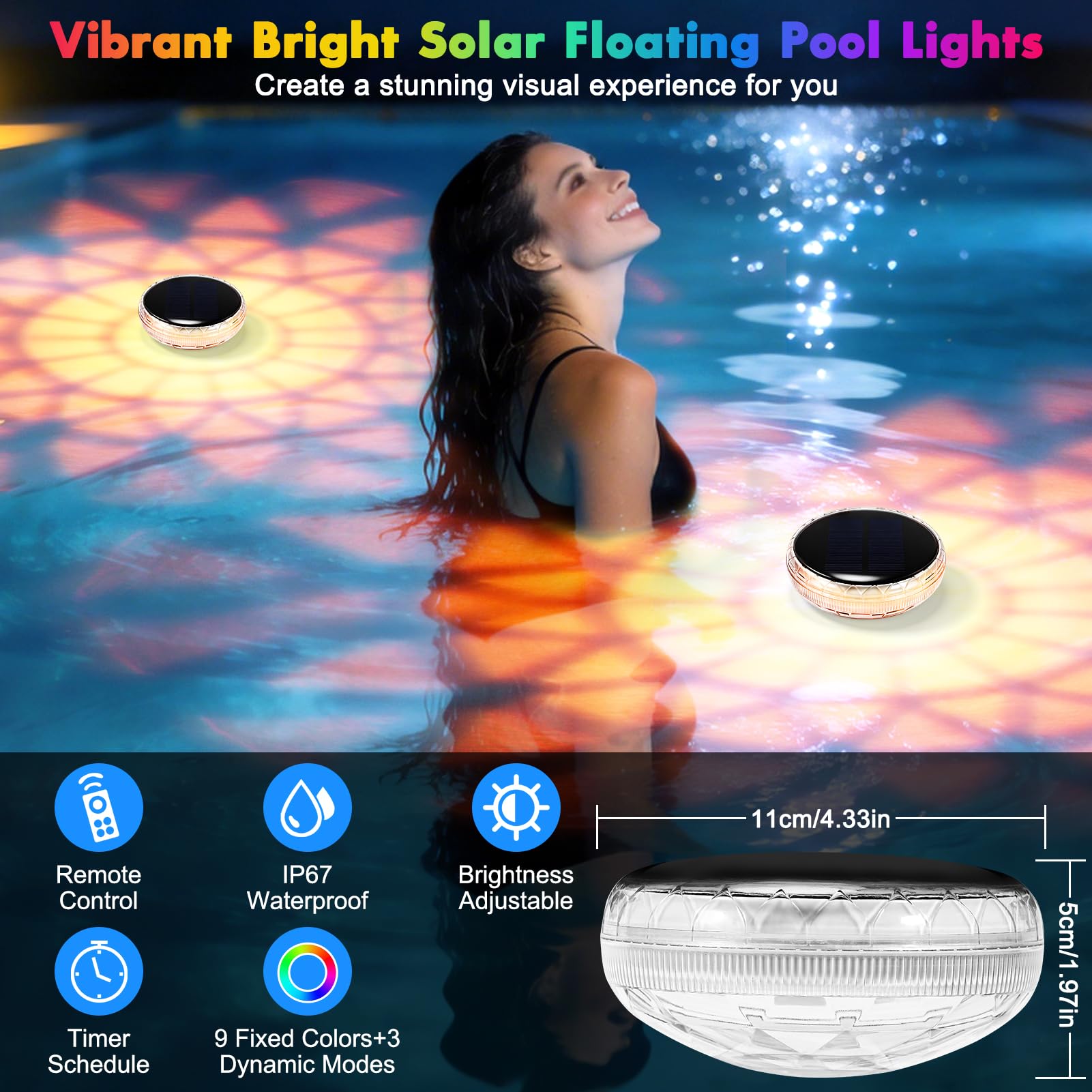 Solar Poolbeleuchtung Unterwasser, 2 Stück Schwimmende Poolbeleuchtung mit Fernbedienung, RGB 9 Farben & 3 Modi, Wasserdichte Teichbeleuchtung Solar Pool Licht für Pool, Teich, Whirlpool, Badewanne