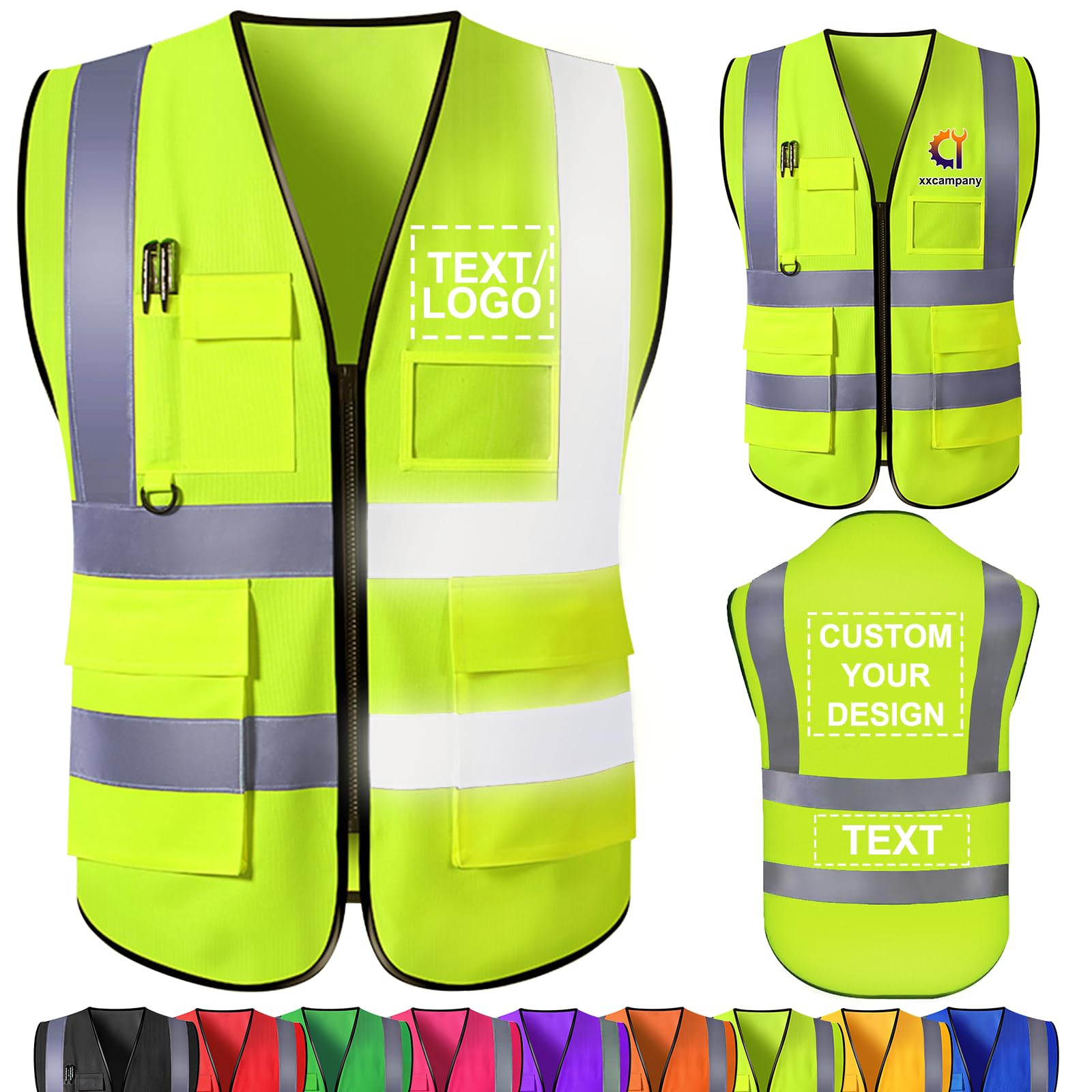 Custom Safety Vest Bulk with Name Logo Text Personalised High Visibility Reflective Vests with Pockets Customised Work Vest for Men Construction Employee Fluorescent Green Small โ image 1