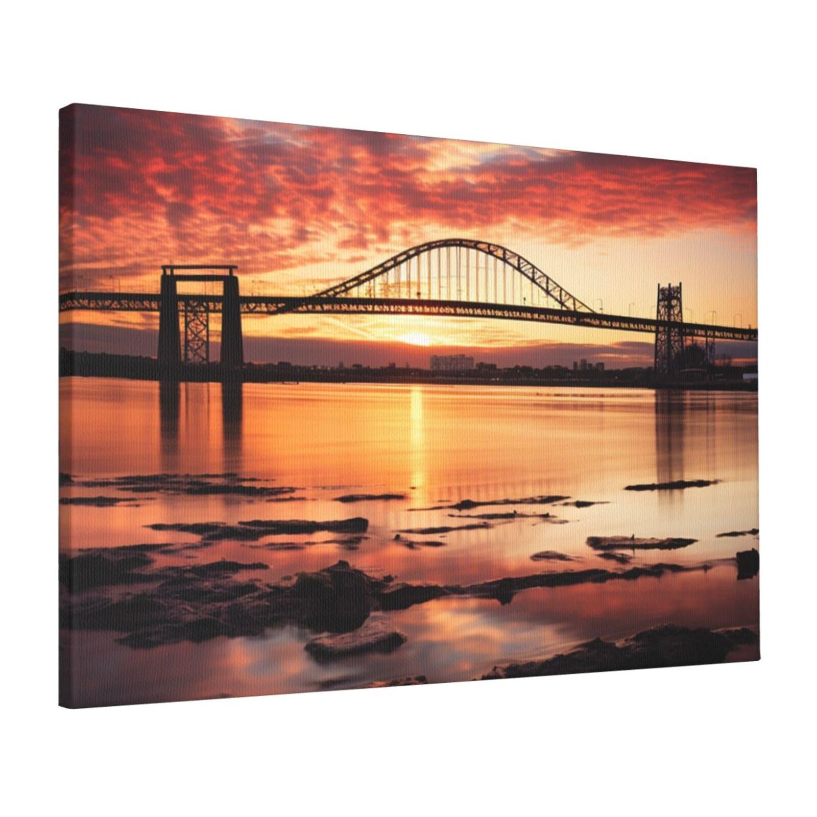Canvas Wall Art for Living Room Wall Decor 16"x24" Modern Artwork Painting Pictures Hanging Canvas Prints Newark Bay Bridge and Sunset Aesthetic Wall Art for Bedroom Bathroom Office Wallart Decor