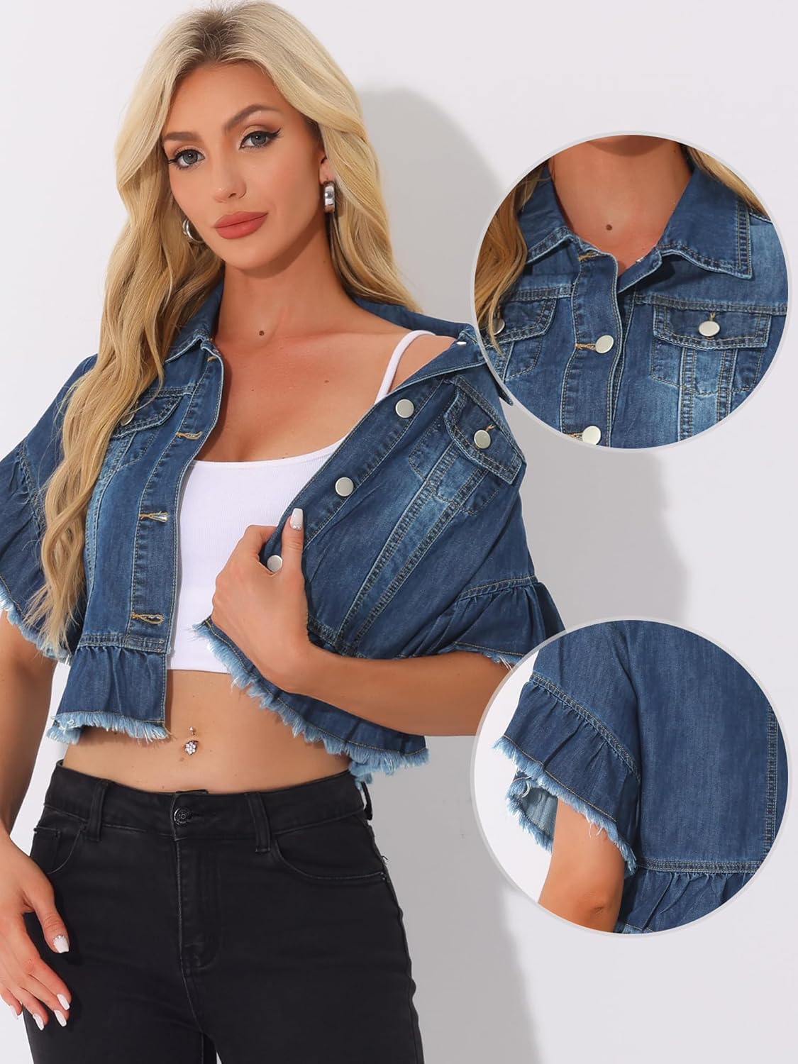 Allegra K Denim Jacket for Women's Button Down Ruffled Short Sleeve Lightweight Peplum Hem Jean Jacket - Image 2