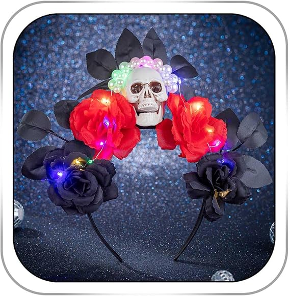 Light Up Halloween Headband Skull Flower Crown Headbands Day of the Dead Headpieces Glitter Costume Hair Accessories for Women