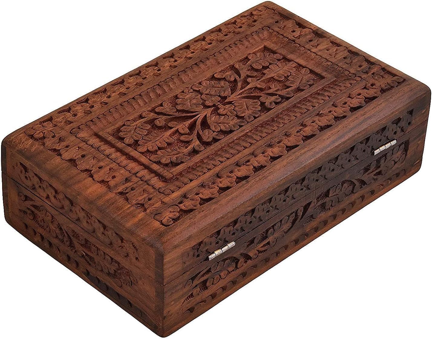 Hand-Carved Wooden Jewelry Box with Red Velvet Interior, Decorative Storage Box, 7 x 5 x 2.2 inches