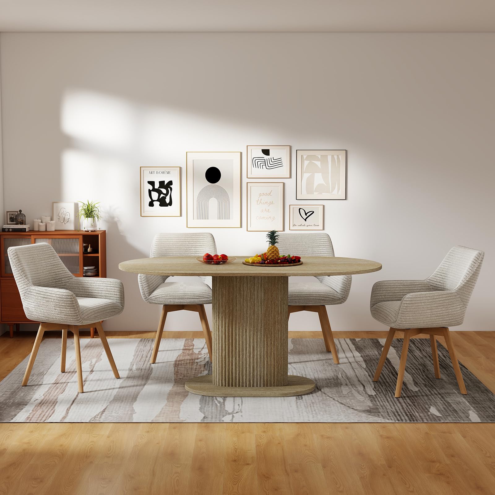 JIJIAN 6er Set 360° Drehbare Esszimmerstühle mit Armlehnen, Taupe | Drehbar Stühle Esszimmer mit Holzbeinen, Moderner Küchenstuhl aus Cord, Polsterstuhl für Esszimmer, Küche, Wohnzimmer