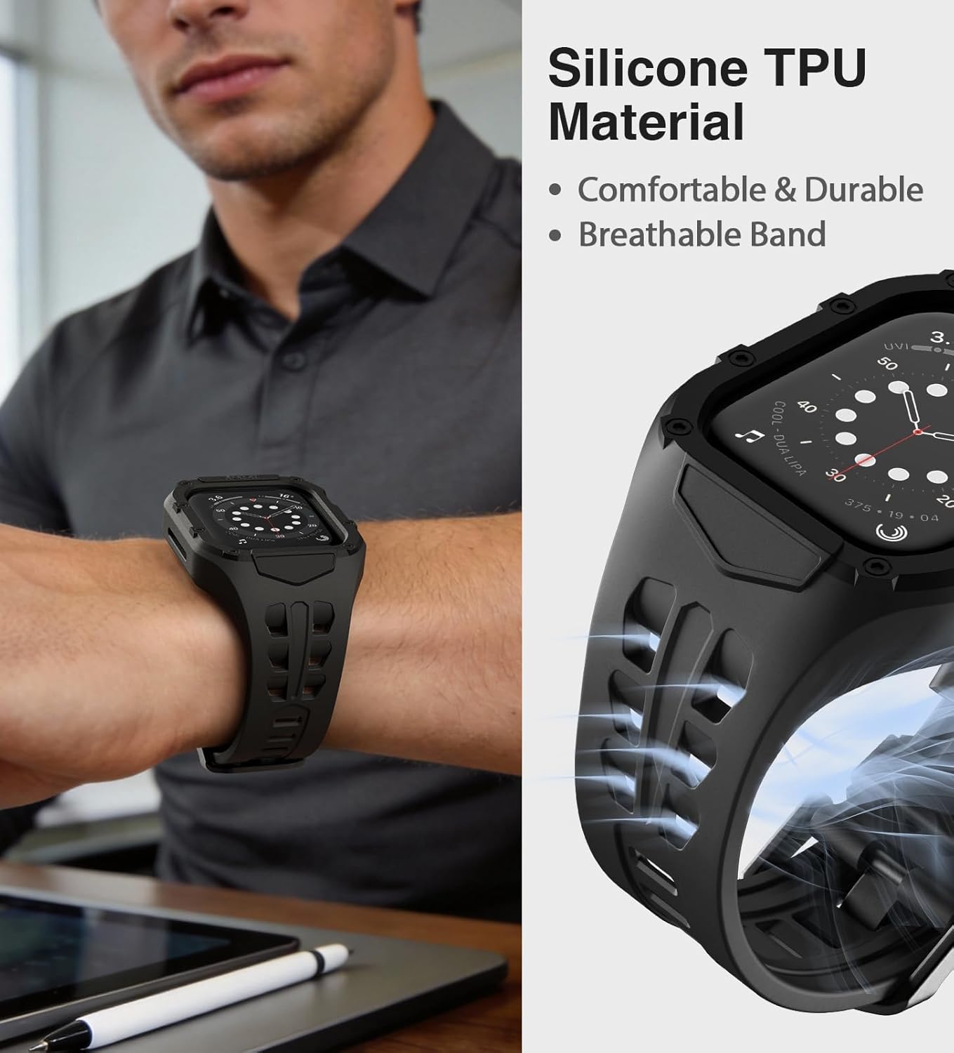 Nereides Rugged Case with Band for Apple Watch Series 9/8/7/6/5/4/SE 3/SE 2/SE 44mm/45mm, Breathable TPU Sport Strap + PC Protective Bumper, Shock-Resistant, Sweat & Water-Resistanty (Black) - Image 2