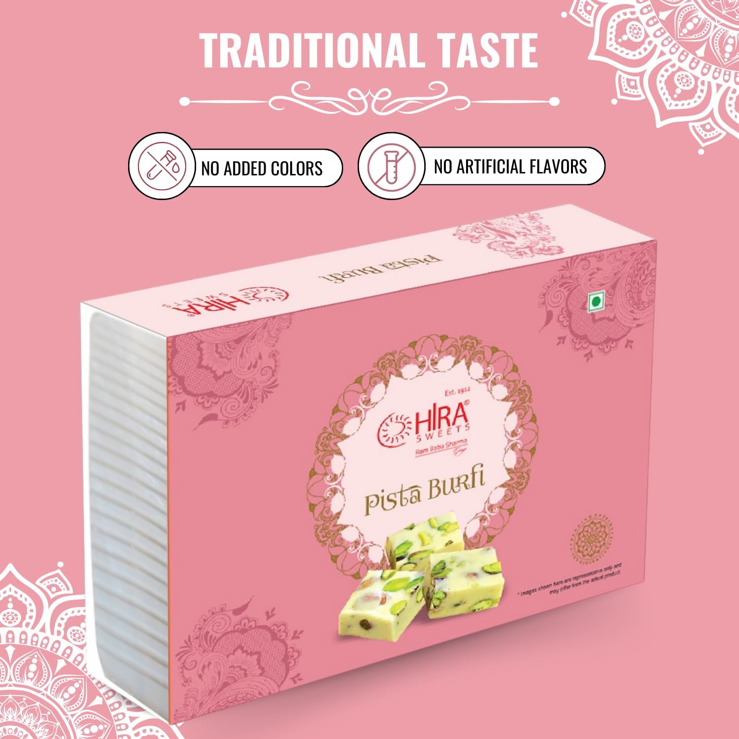 HIRA SWEETS Pista Burfi 500gm | Traditional Mithai | Barfi Sweets | Indian Mithai Gift Pack | Made With Pure Desi Ghee Finest Pistachios | Indian Sweets | Festive Sweet Gift Box 3