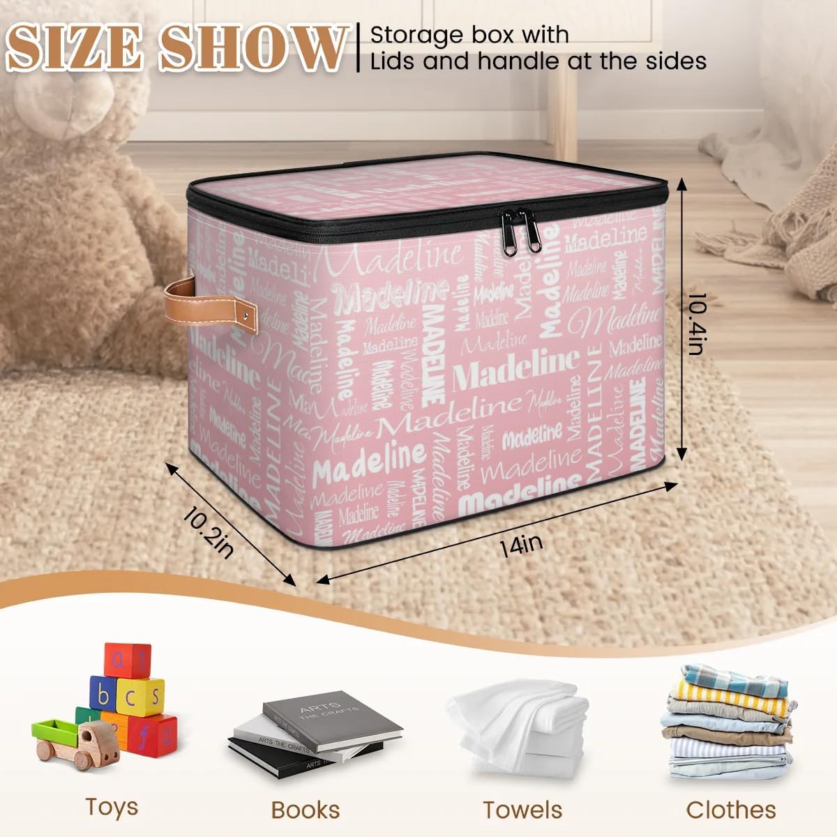 Custom Storage Basket with Name, Personalized Keepsake Box with Zipper Lid, Foldable Fabric Memory Bin Large capacity with Handle Pink