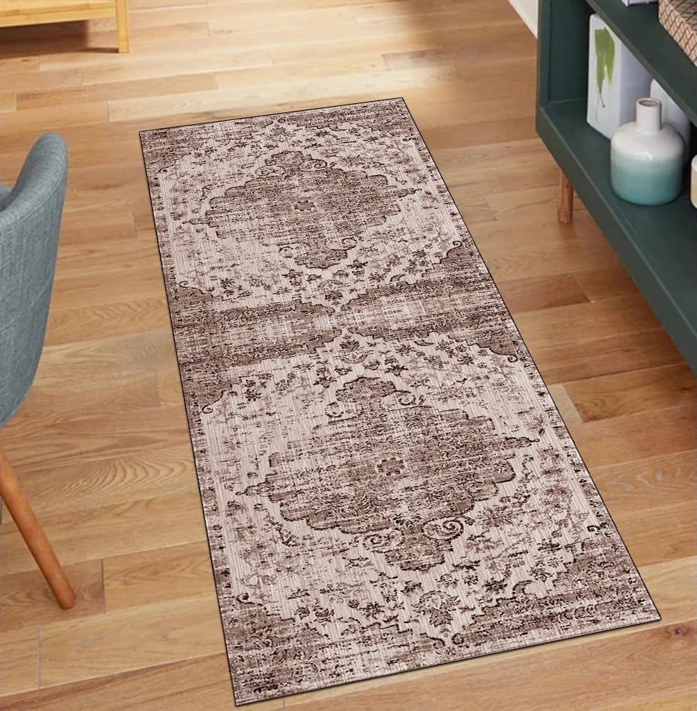 Alfombra de pasillo bohemia y lavable de 90x220 cm para un hogar marrón acogedor