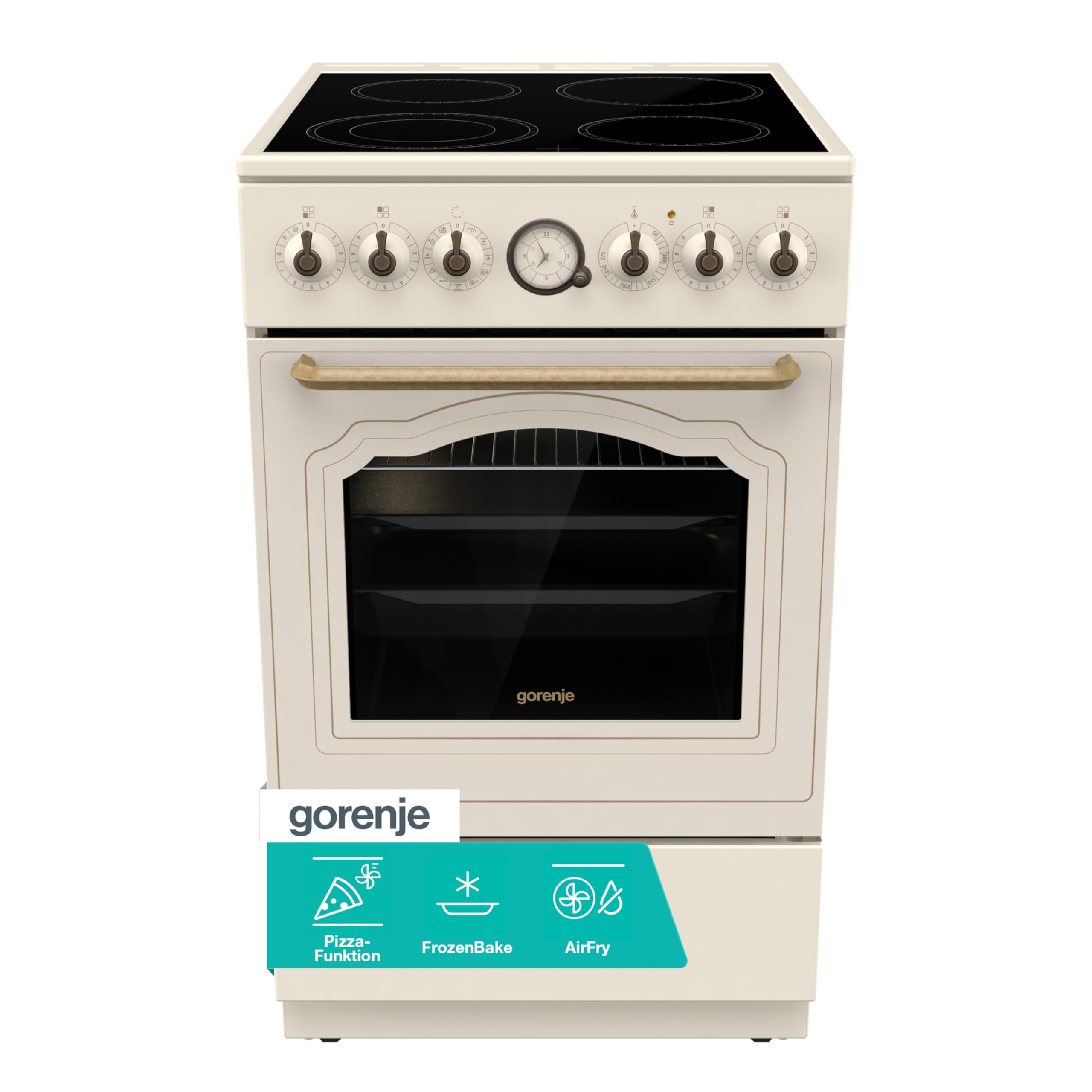 Gorenje Classico GECS 5B70CLI Elektrostandherd mit Glaskeramik-Kochfeld/Retro Design / 50cm / 70 Liter/Gentle Close/Schnellaufheizung/AirFry/ExtraSteam/Pizzamodus/AquaClean/champagne