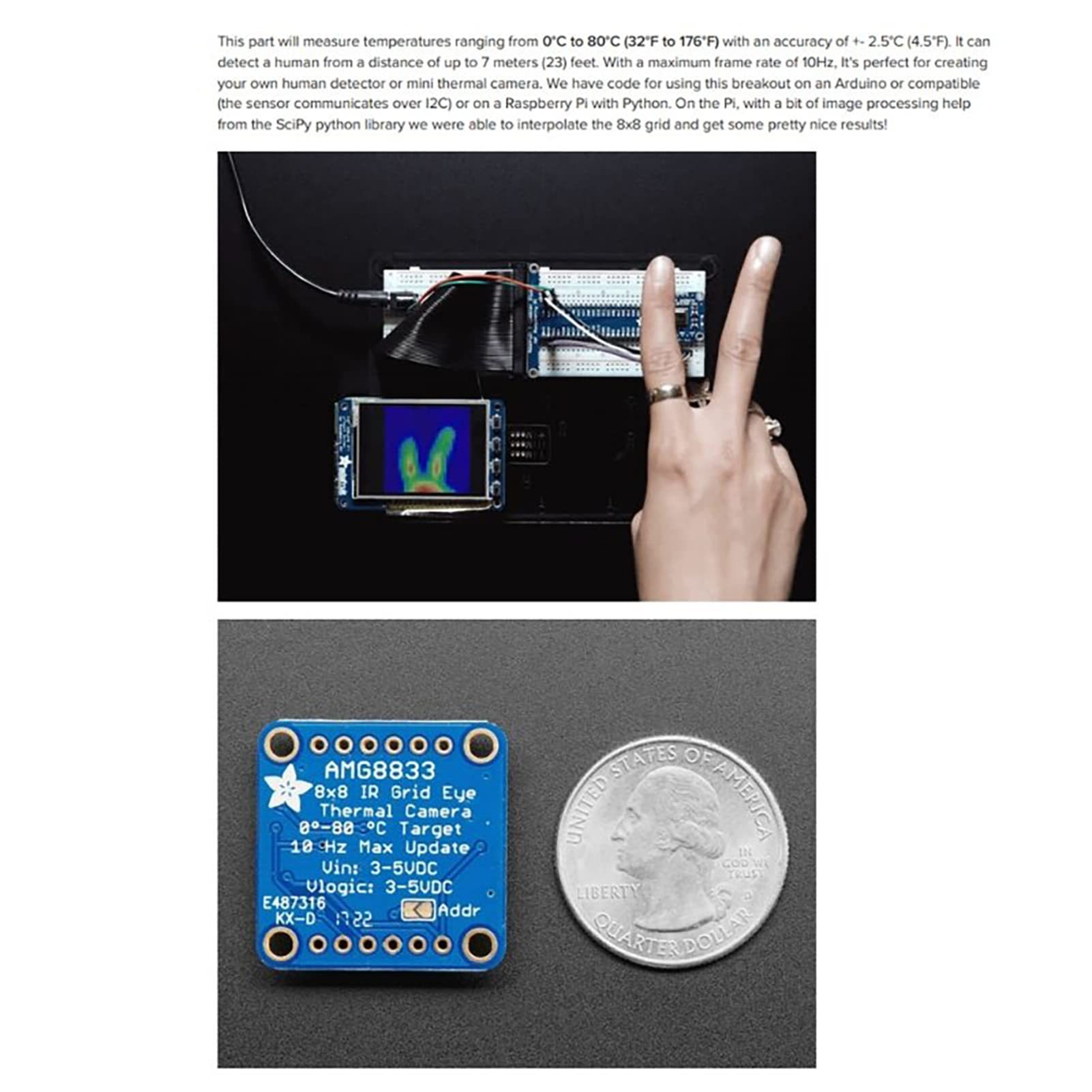 Produktbild von AMG8833 Wärmebildkamera 8x8 Infrarot-Sensor-Modul – USB 5V, 7 M Reichweite, Für Elektronik-Inspektion & DIY-Projekte