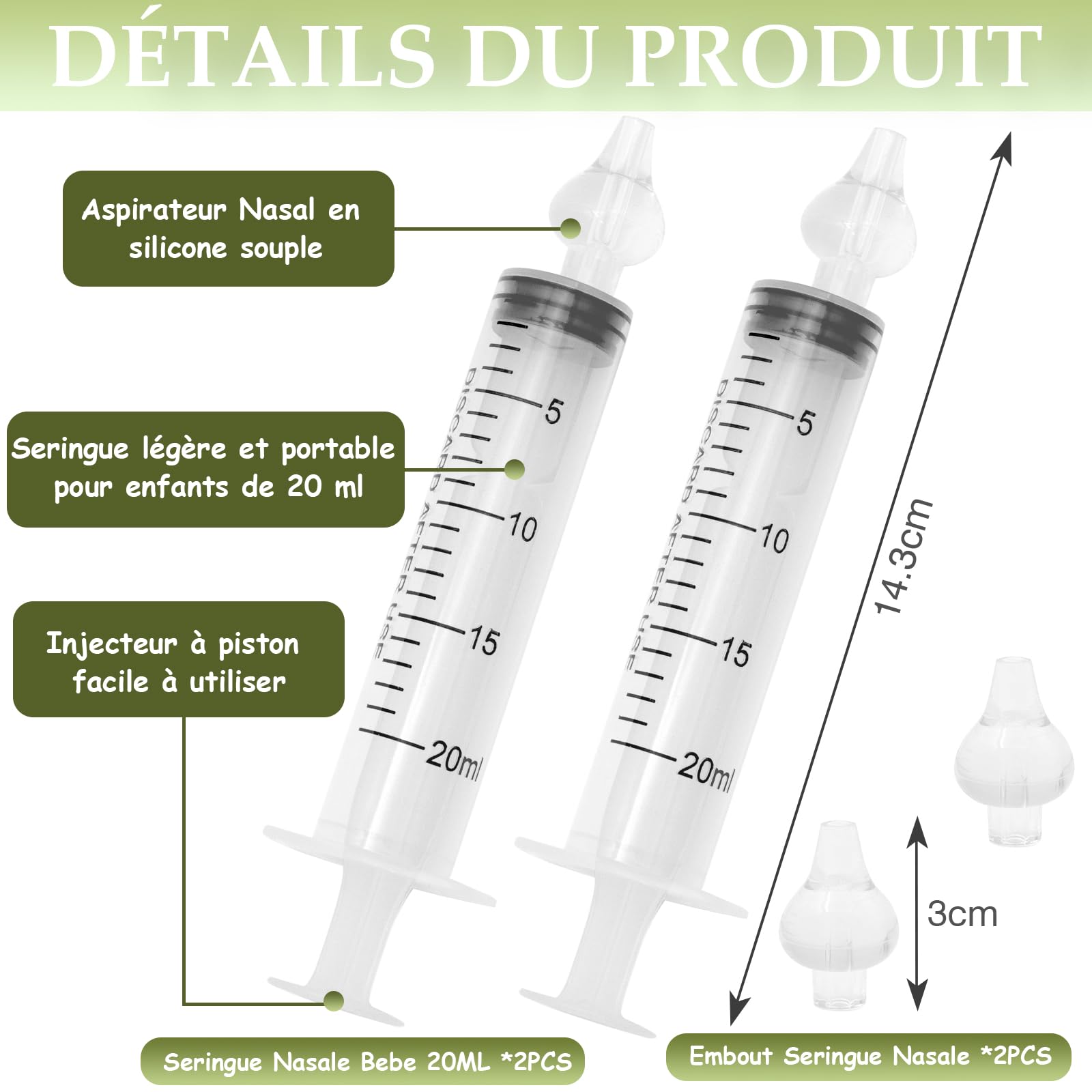Seringue Nasale Bebe 20 ml avec 2 Embouts en Silicone Souple