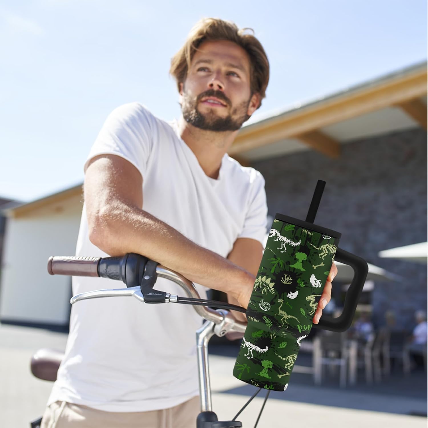 Dinosaur Gifts for Kids, Green Dinosaurs Tumbler with Handle and Straw 24 oz, Stainless Steel Insulated Dino Water Bottle Cup, Birthday Gifts for Teen Little Boys Son Adults - Image 4