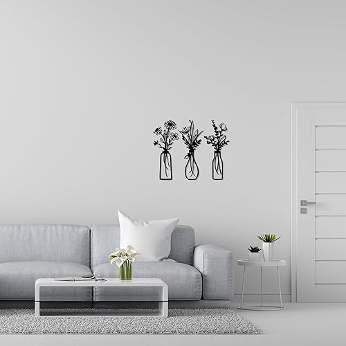 Miniatura 4 de Letrero decorativo de metal floral Placa de pared de 3 jarrones Letrero de acero cortado con láser para sala de estar, dormitorio o entrada,