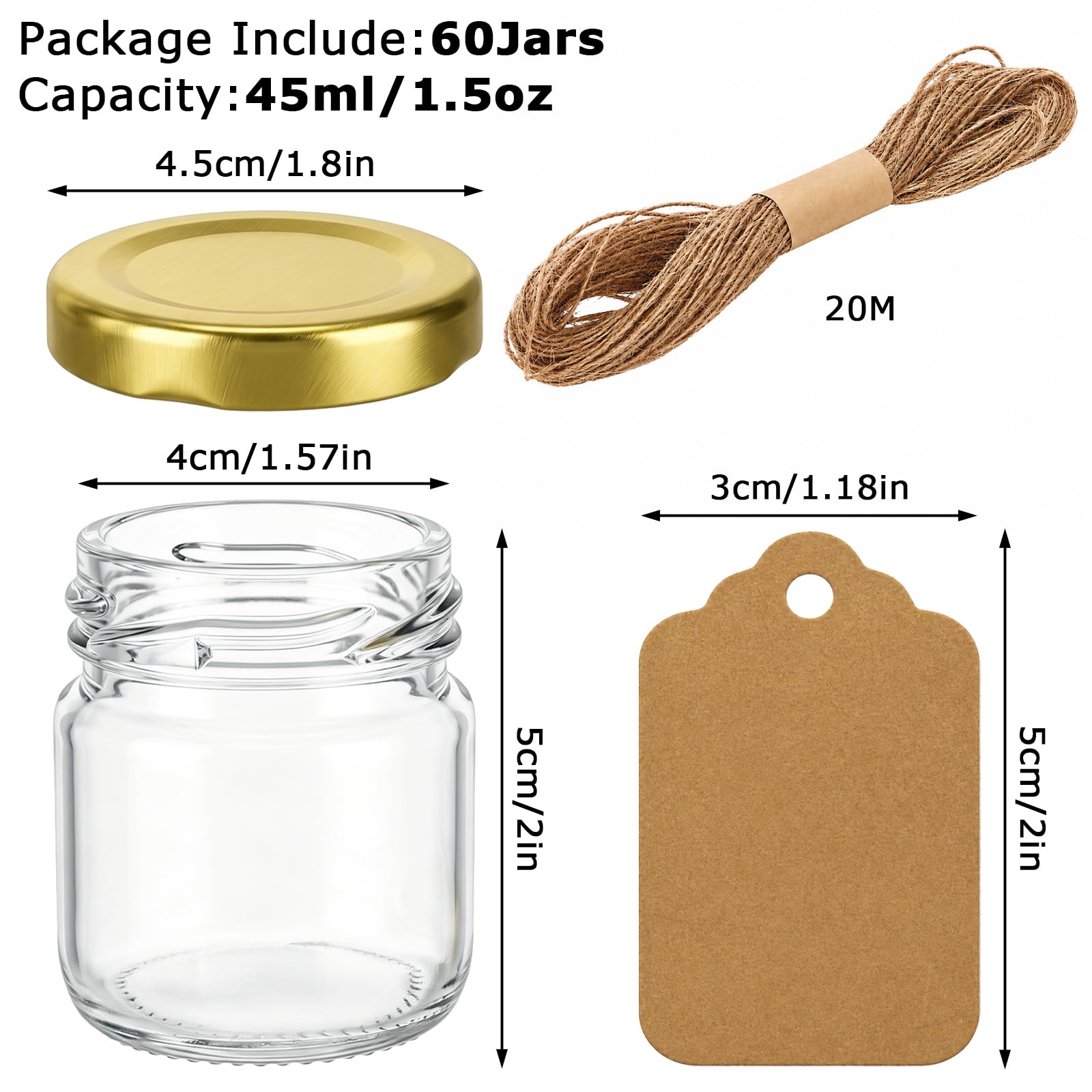 Kingrol Confezione da 60 mini barattoli in vetro con coperchio a vite dorato, barattoli rotondi da 45 ml per spezie, erbe, marmellate, artigianato, bomboniere nuziali, decorazioni