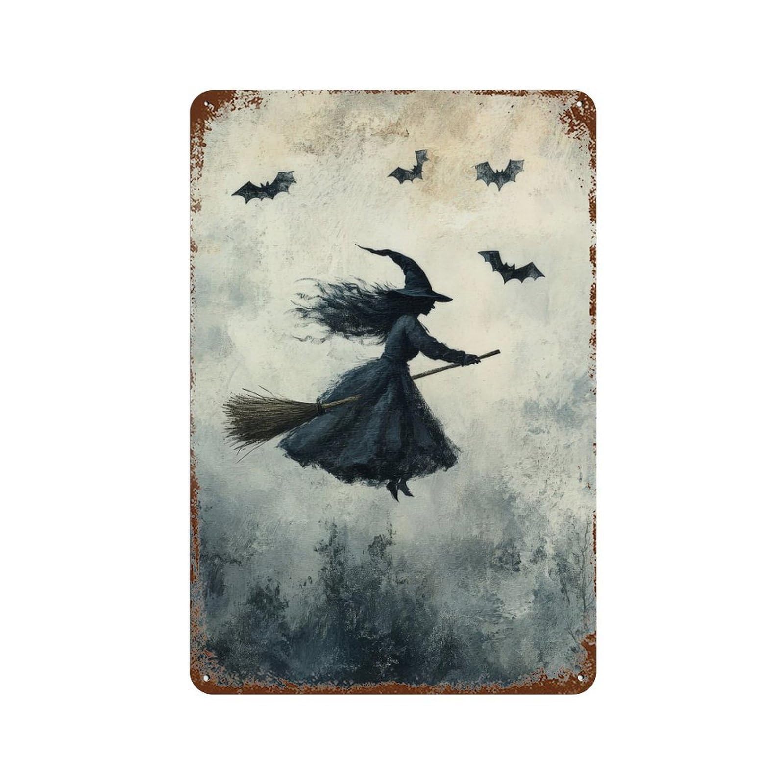Witching Hour Witch on Broomstick Dark Academia Witchy Decor Gothic Antique Halloween Illustration Rustic Vintage Wall Decor Art Metal Tin Poster Modern Home Decor Art Home Bar Shop Decorations Vinta