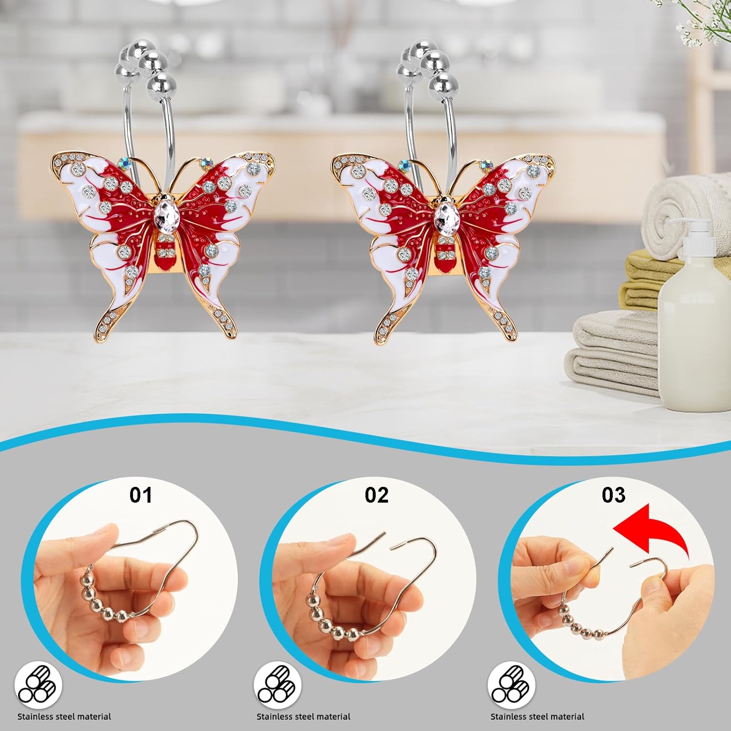 Red Butterflies Decorative Shower Curtain Hooks and Rings Set,12 Pieces,Roller Ball, Stainless Steel,Insect Decor,Large Gourd Shaped Hooks,Rustproof,Home Living & Bathroom Decor,Gift