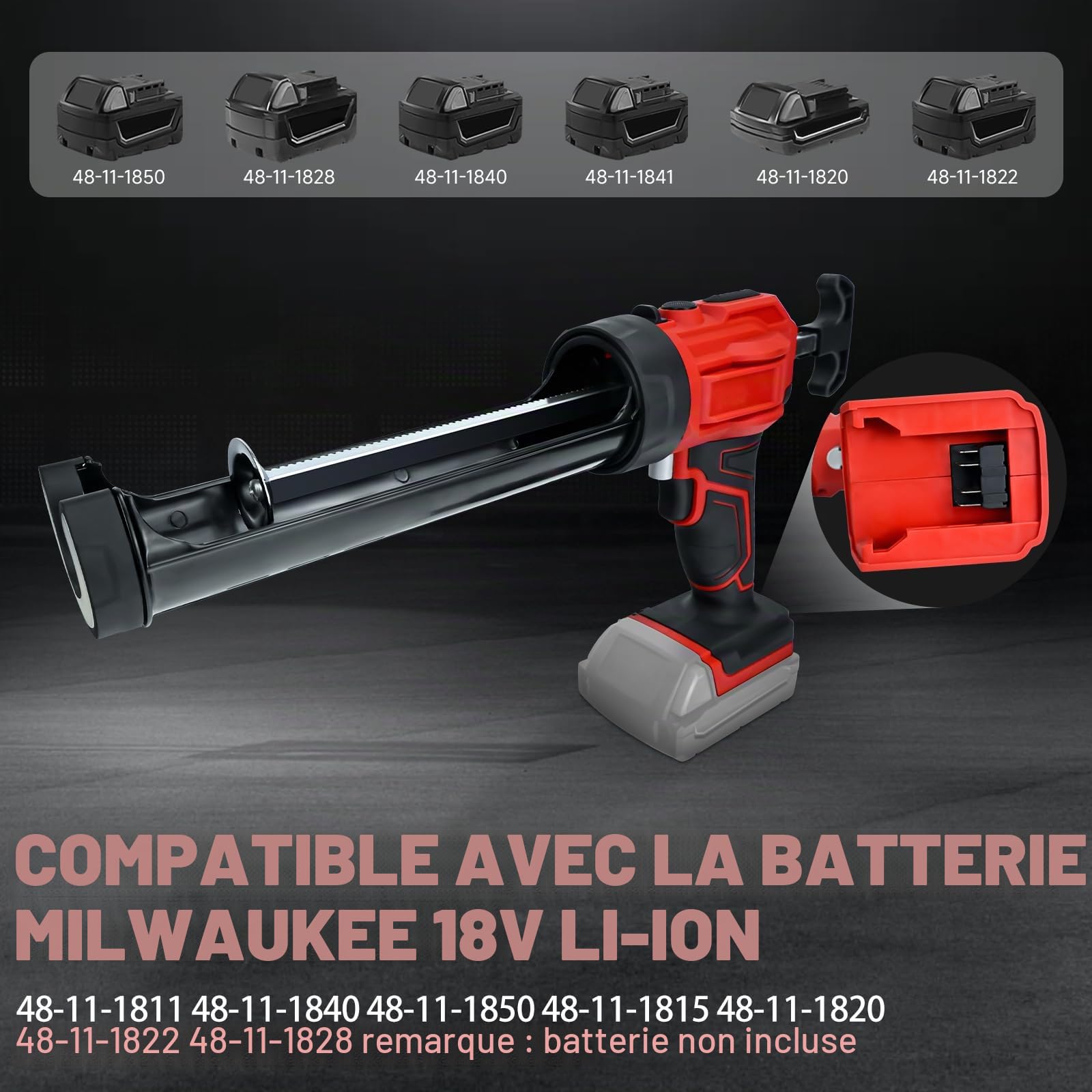 Pistolet à calfeutrer sans fil pour batterie Milwaukee 18 V, pistolets adhésifs électriques avec lumière LED de 450 lm et 4 vitesses réglables, 300 ml pour joint de remplissage de cuisine/salle de