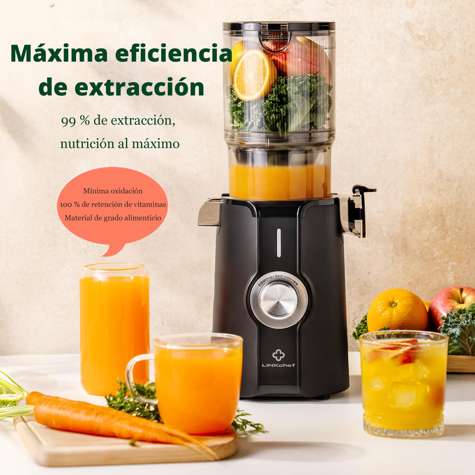 LINKChef extractor de zumos y verduras, boca de 115 mm y 1,2L licuadora para verduras y frutas Entera, slow juicer machine extractor de jugo,Fácil de Limpiar, Sin BPA,200W, Negro