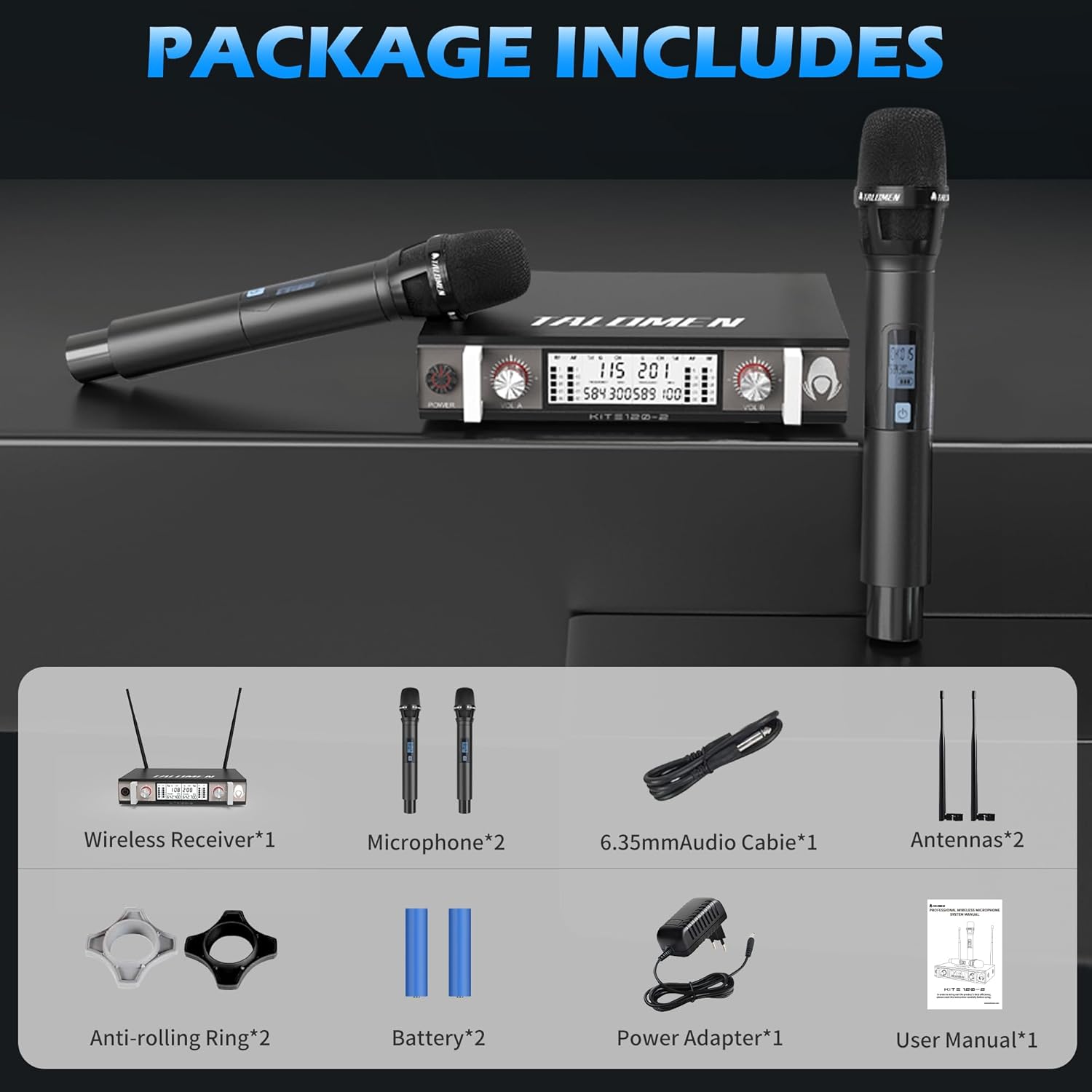 Wireless Microphone System, Metal UHF Handheld Microphones Cordless Dynamic Mic Set, Auto Scan, 393ft Long Range, Dual Channel Receiver, Use for Singing, Karaoke, Party, DJ, Church, K120 Black
