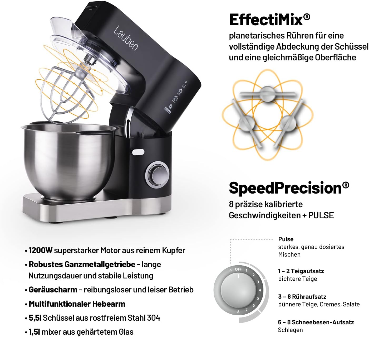 Lauben Kitchen Robot demonstrating planetary mixing action and speed dial