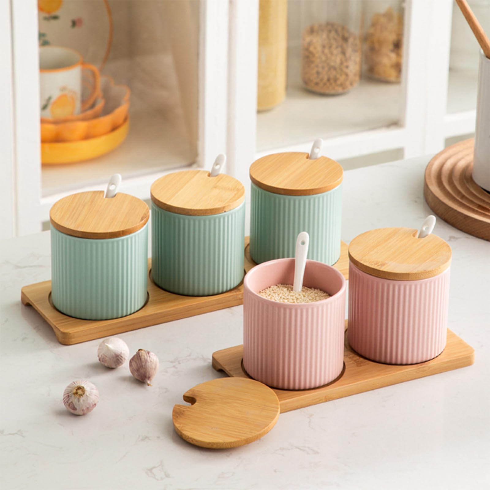 Zuccheriera in ceramica ciano da 300 ml con coperchio in legno e cucchiaio a righe, barattolo per spezie, per zucchero, sale, caffè, tè, – scatola ideale per condimenti per cucina di casa e bar