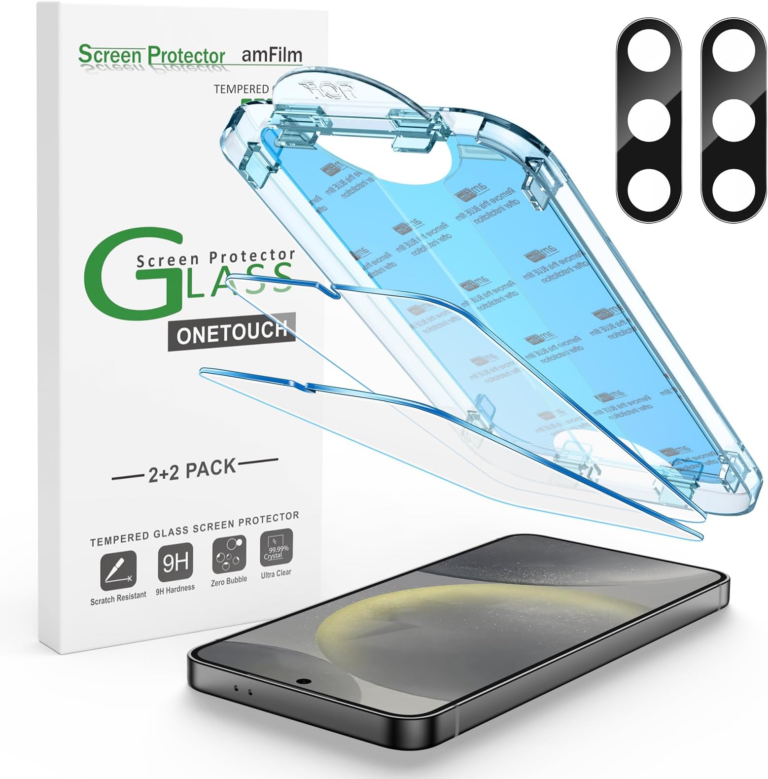 amFilm [2+2 Pack] OneTouch Tempered Glass Screen Protector Guard for Samsung Galaxy S24 6.2 Inch with Camera Lens Protector, 9H Hardness, Easy Installation, Bubble Free and Case Friendly.