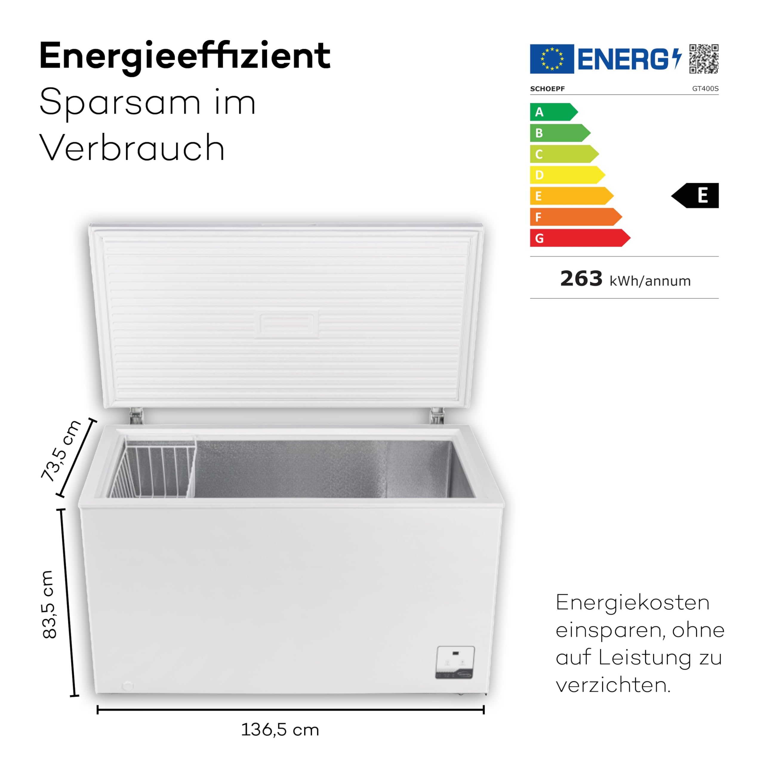 SCHOEPF – GT400S Gefriertruhe 400 L – Weiß – 83,5 x 136,5 x 73,5 cm – Dual Modus – Schnellgefrieren – 41 dB – 263 kWh/Jahr – 4-Sterne-Kennzeichnung – Freistehend