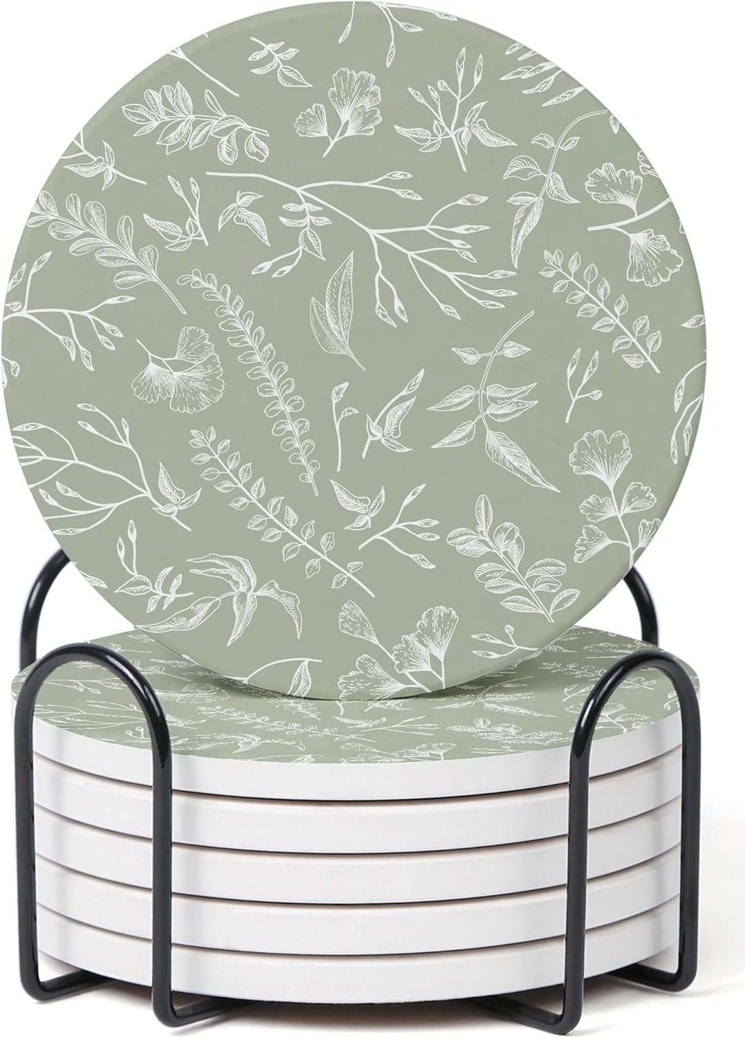 Set of 6 Floral Sage Green Coasters with Holder, Absorbent Ceramic Drink Coasters with Cork Backing for Table Protection, Coffee Table Décor