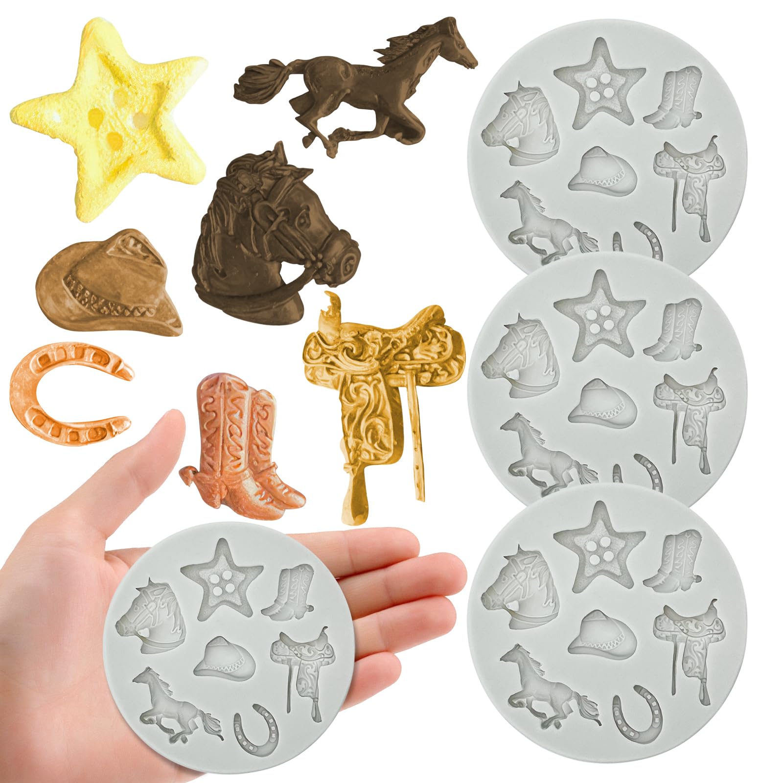 4 moldes de silicona para fondant con temática de vaquero occidental, moldes de chocolate para caramelos, galletas, galletas, moldes para hornear, decoración de magdalenas, pasta de goma, arcilla,