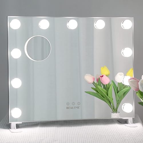 Espejo de maquillaje con luces, espejo de tocador Hollywood de 19 x 16 pulgadas con 11 bombillas LED, espejo de luz plateada, espejo de tocador o