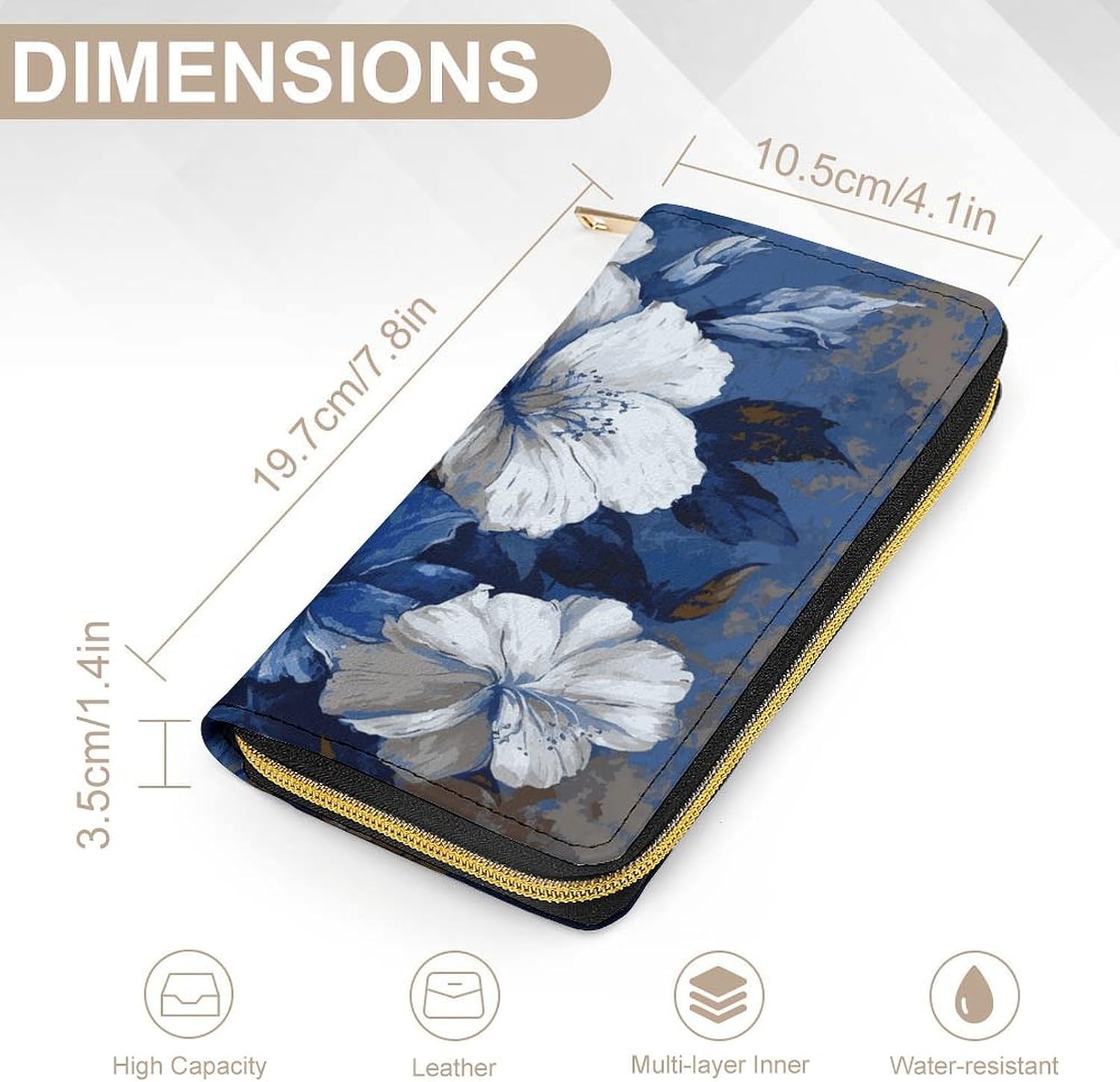 Big Blue And White Flowers Long Zipper Pouch Wallet Clutch Wallet