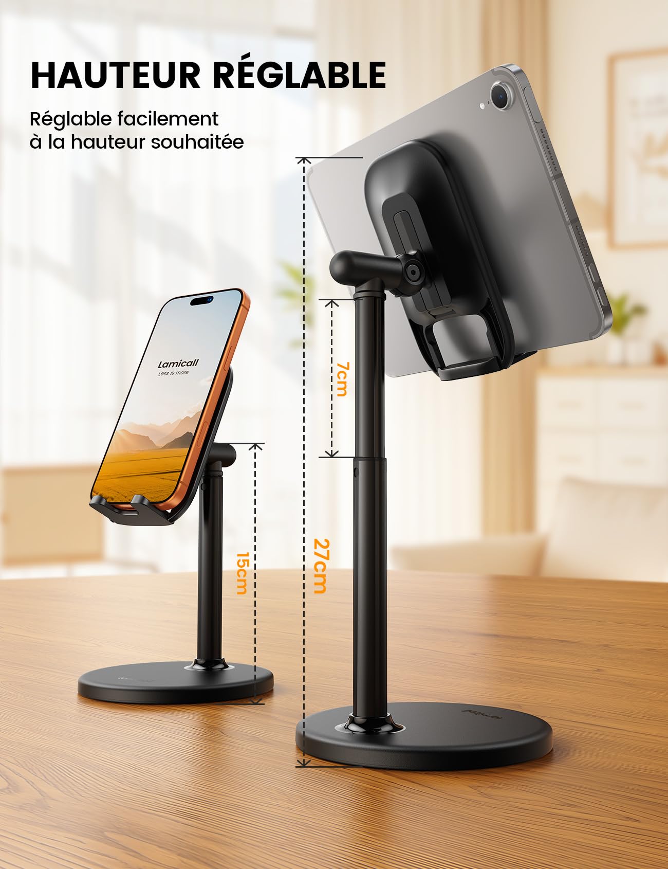 Lamicall Support Téléphone Bureau Réglable, Porte Téléphone avec Base Métallique Stable pour iPhone Android Smartphone Tablette
