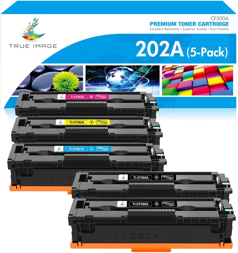 TRUE IMAGE Compatible Toner Cartridge Replacement for HP 202A CF500A CF501A CF502A CF503A Color Pro MFP M281fdw M281cdw M281fdn M254dw M254dn M254nw M280nw (Black Cyan Yellow Magenta, 5-Pack)