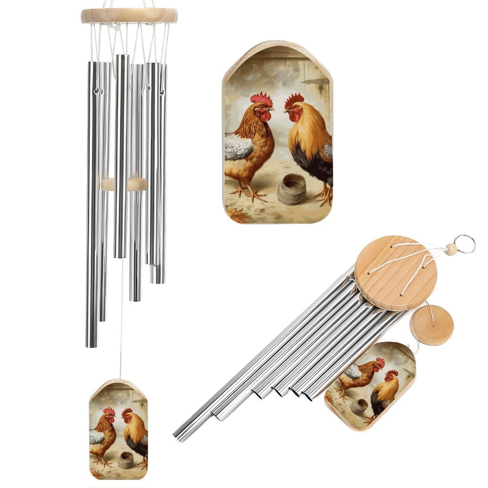 Carillon éolien extérieur poulet coq en aluminium pour terrasse rustique