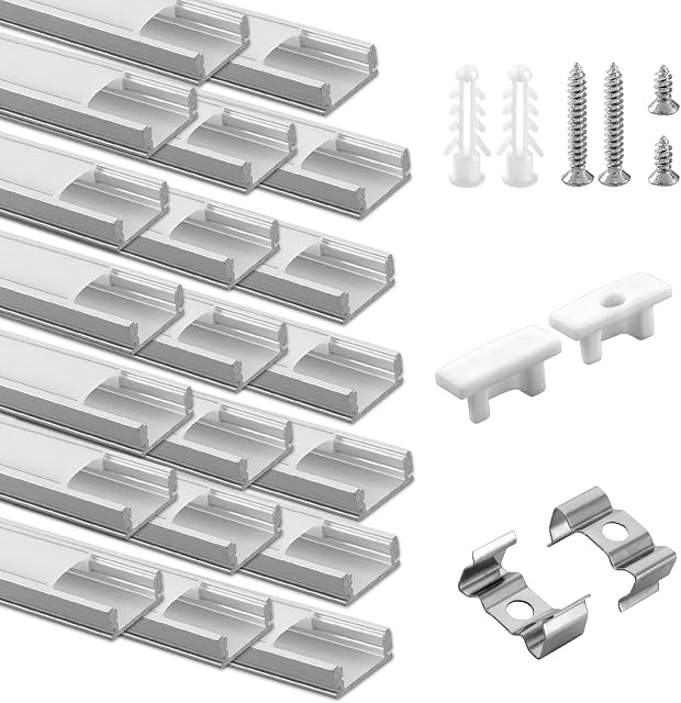 20-Pack 3.3ft/1Meter U Shape LED Aluminum Channel System with Milky Cover, End Caps and Mounting Clips, Aluminum Profile for LED Strip Light Installations, Very Easy Installation (1M*20)