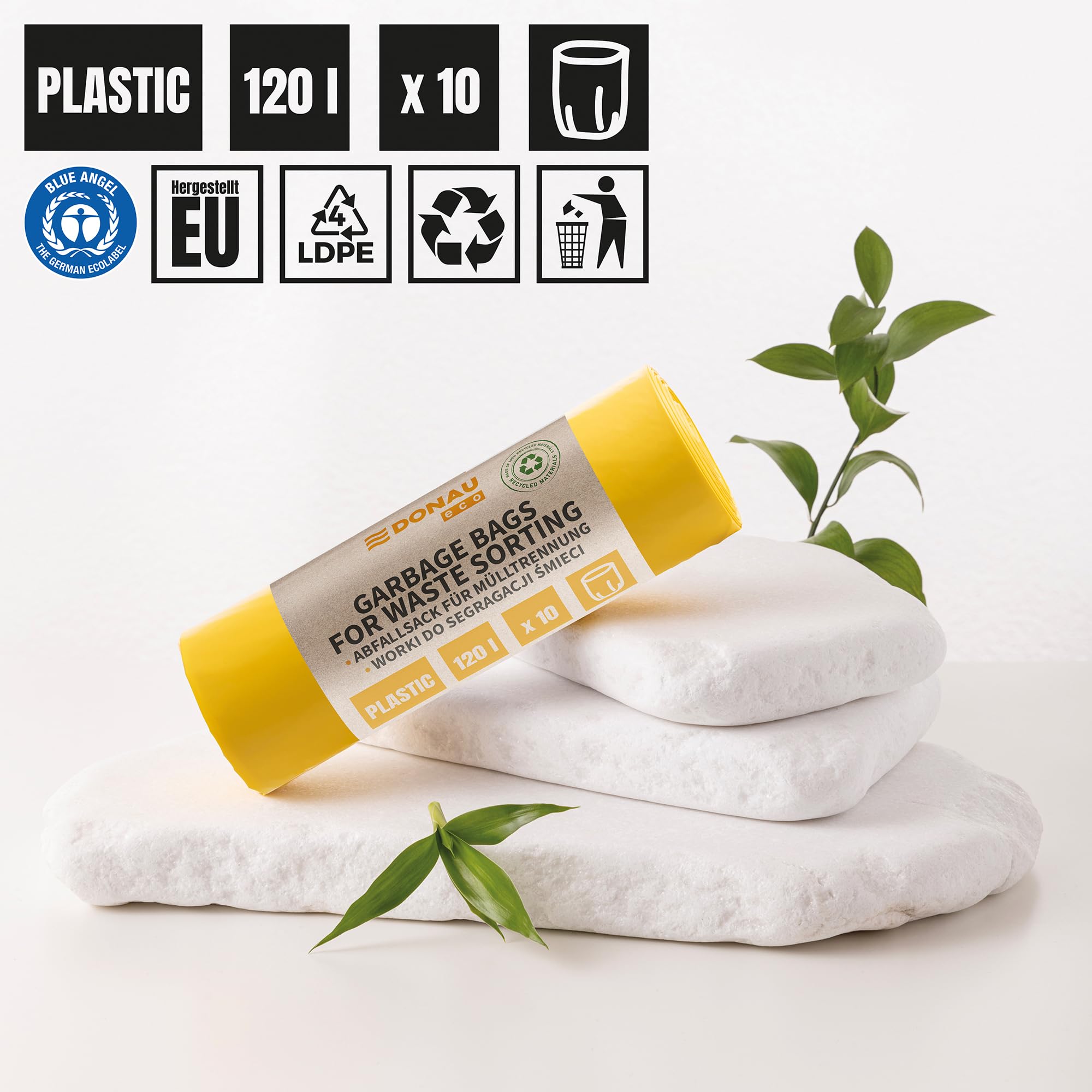 DONAU ECO worki na śmieci 120 l, mocne, do metalu, tworzywa sztucznego/żółtego, 10 worków na śmieci, 1 rolka, certyfikat "Blauer Engel", 100% materiał pochodzący z recyklingu (LDPE) / worek na śmieci