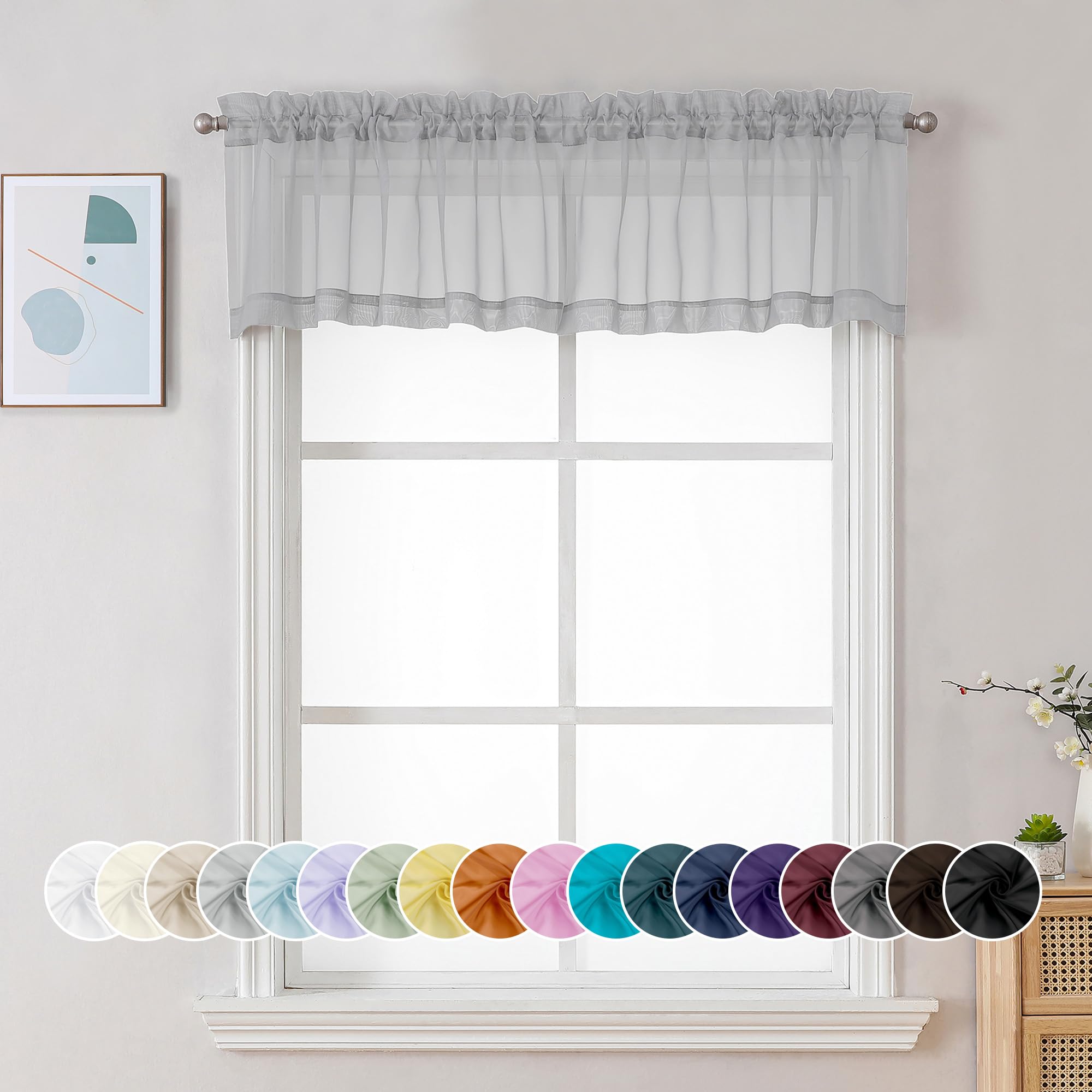 Chyhomenyc Sheer Light Grey Valances for Windows 2 Pack, Small Window Curtains for Living Room Bathroom Cafe Laundry Basement, Modern Top Dual Rod Pocket Voile Curtain, 42W x 14L inches