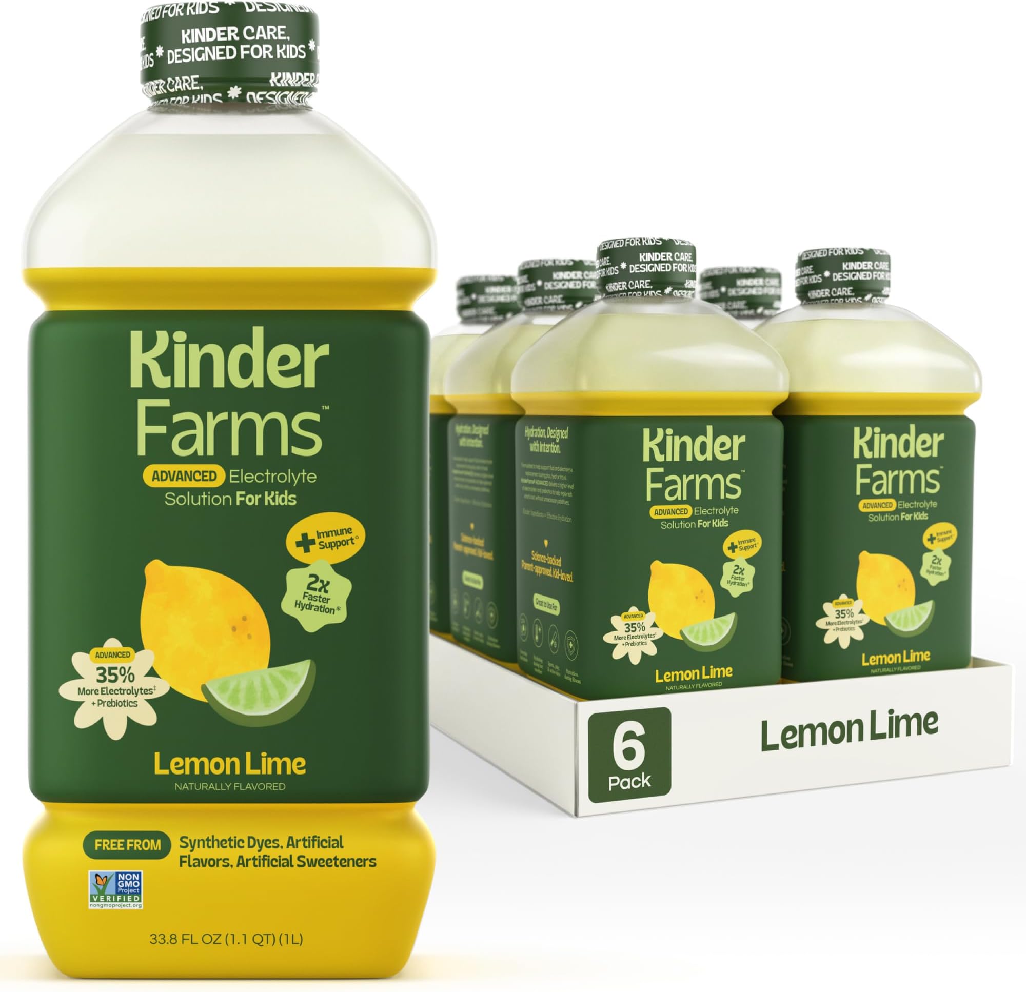 KinderFarms Advanced Electrolyte Solution for Kids and Adults - Hydration Drink (Lemon Lime, 6 Count), With PreMax Prebiotics, No Artificial Sweeteners or Flavors, No Synthetic Dyes