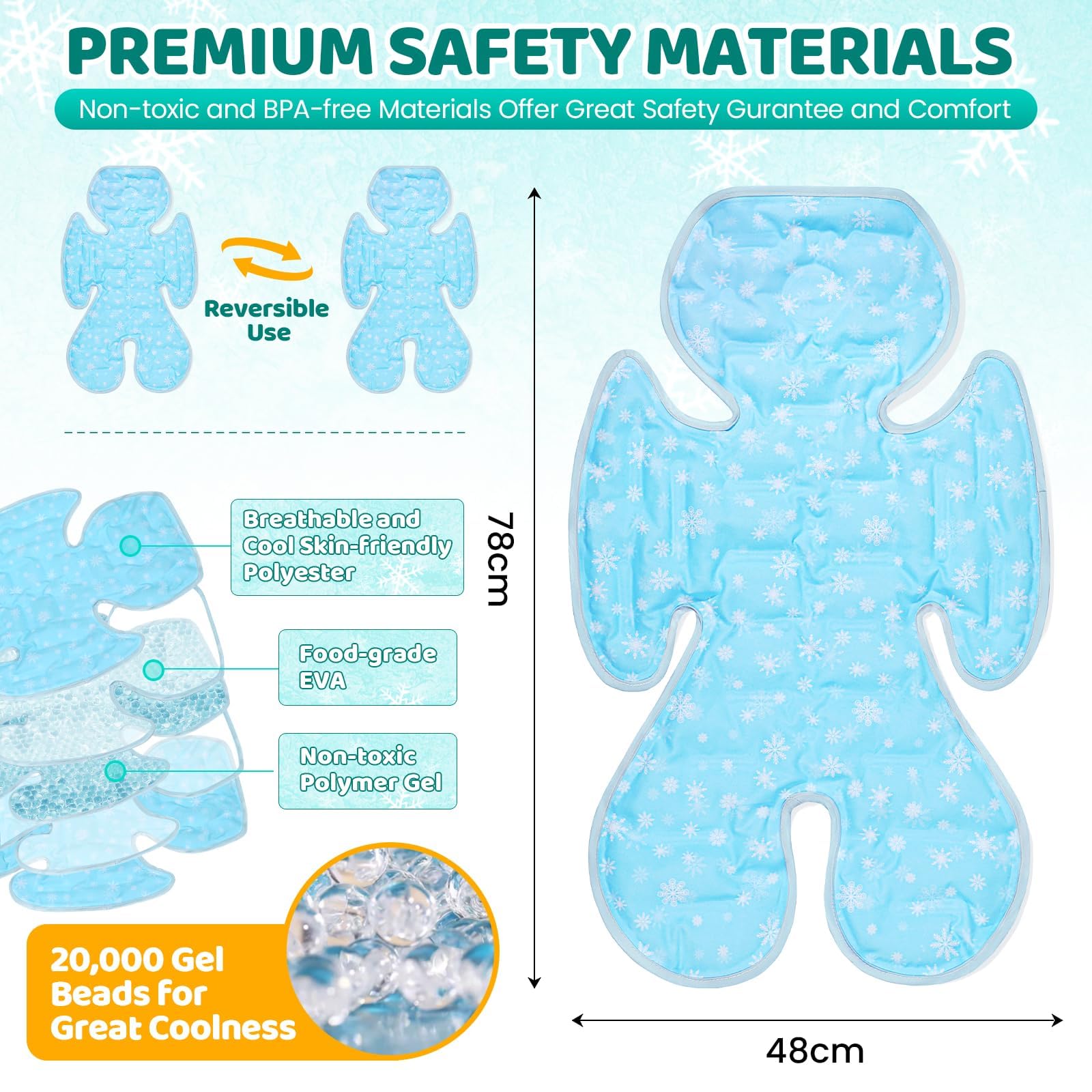 Orzbow Cuscino Passeggino Estivo,Reversibile Gel Materassino Passeggino Universale, Copri Raffreddamento Seggiolino Auto Universale per Seggiolini Auto, Seggioloni e Carrozzine, Fiocchi di Neve