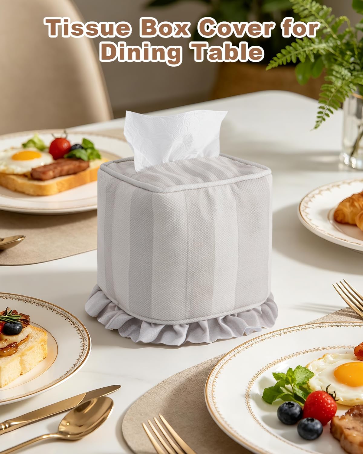 Ruffle Tissue Box Cover, Square Napkin Holder for Table, Cream Stripe