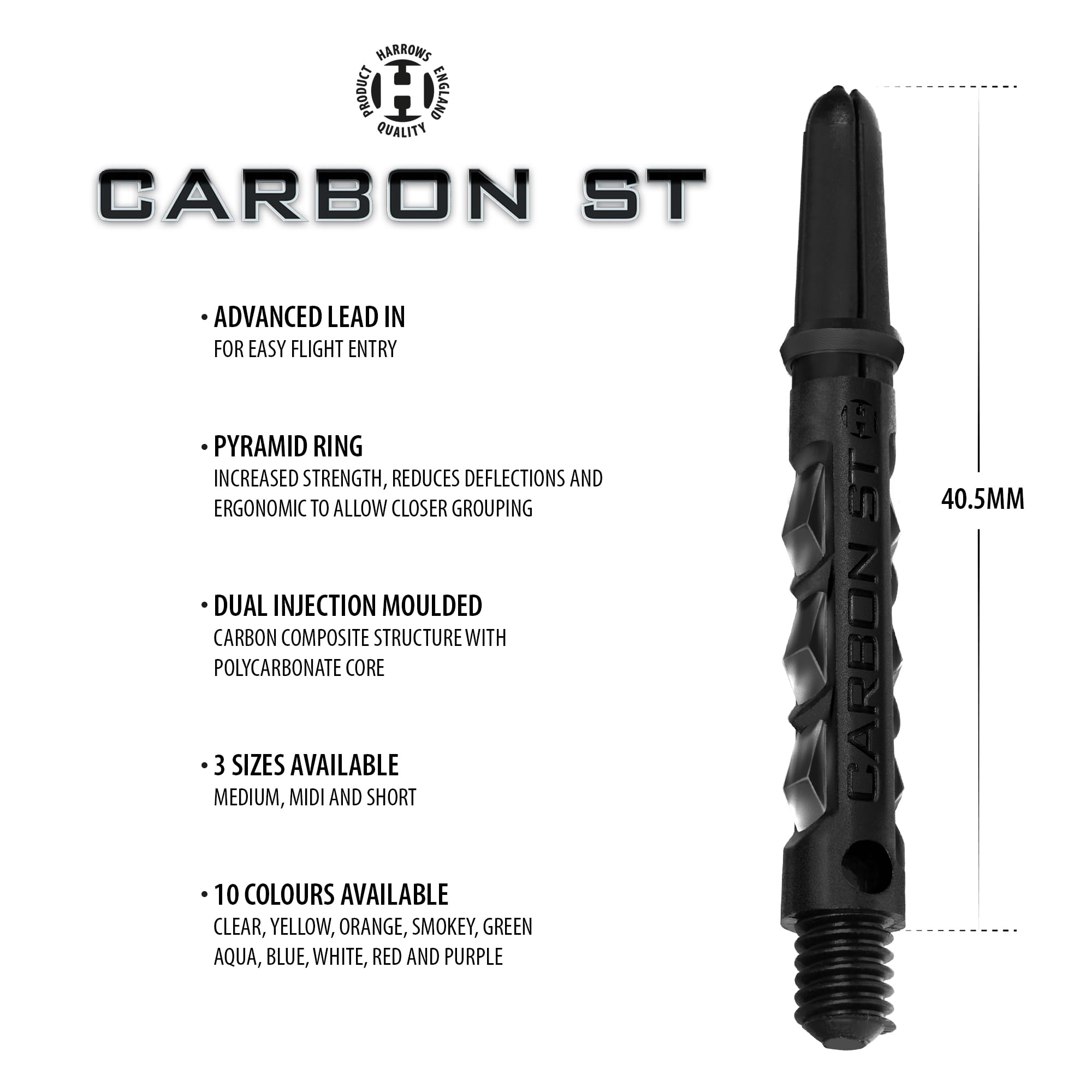 Tiges Fléchettes Carbone Lot De 9 Tiges De Fléchettes Harrows ST Carbone - Tailles Court, Midi, Moyen - Filetage Universel - Composite Carbone Résistant Jeu De Flechettes