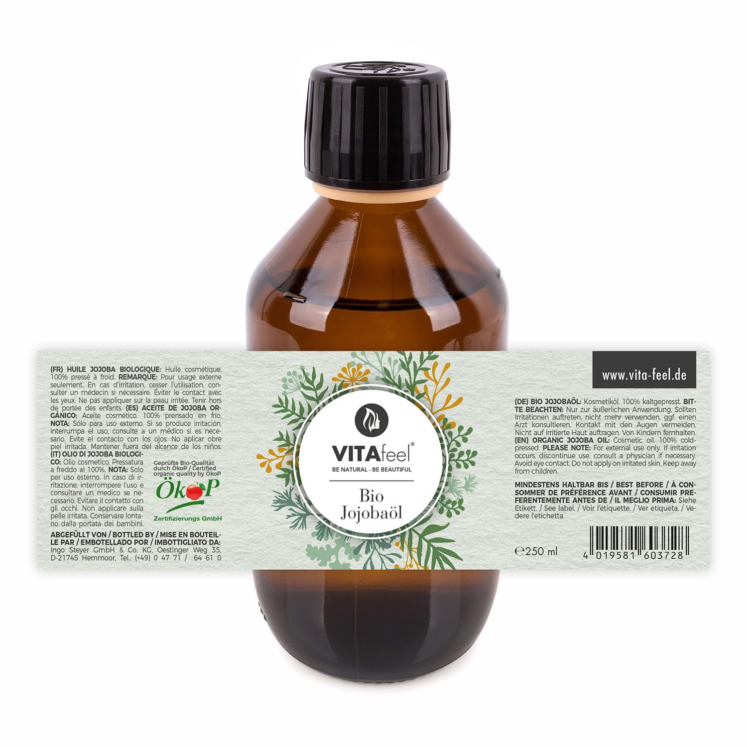 VitaFeel Bio olejek jojoba złoty 6 x 250 ml z pompką | 100% czysty i tłoczony na zimno – pielęgnacja skóry i włosów | olejek nośny do masażu i aromaterapii – sucha skóra głowy