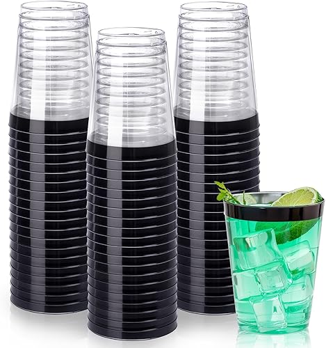 Miniatura 10 de DaYammi Paquete de 200 vasos de plástico dorado de 10 onzas, vasos de plástico transparente con borde dorado, desechables, vasos de vino desechables