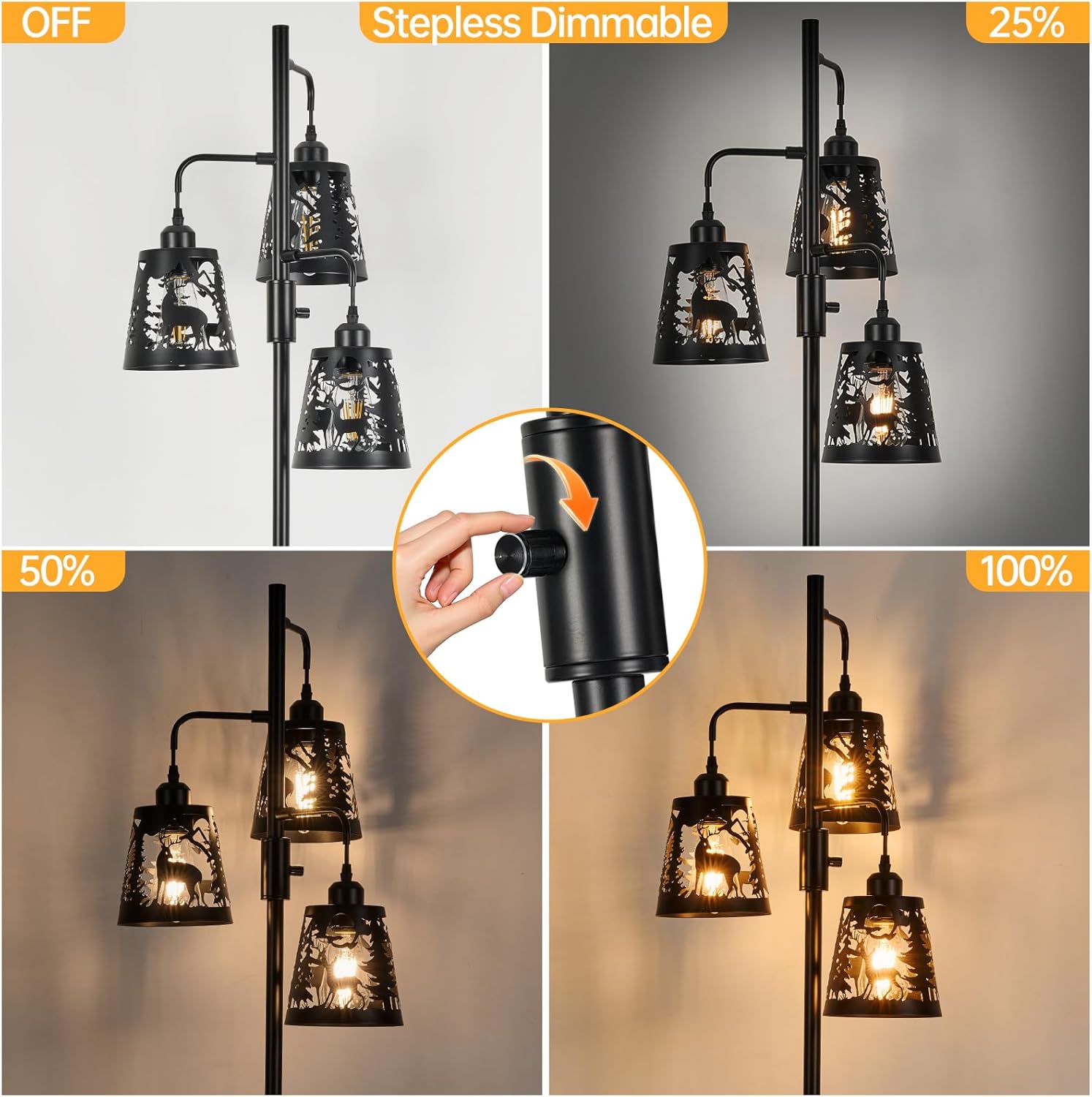 Rustic Floor Lamp-Deer Design, Farmhouse 3-Light Black Industria Metal Dimmable Standing Tall Lamp for Living Room, Bedroom, Study(No Bulbs)