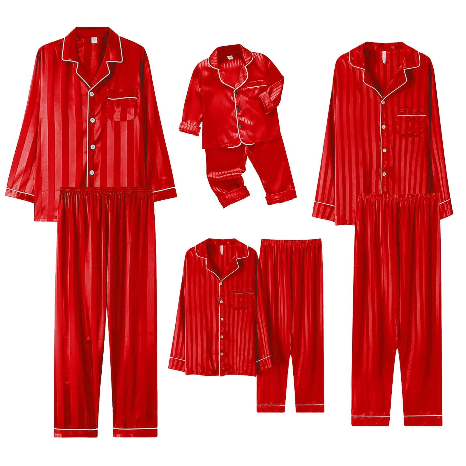 CGGMVCG Silk Satin Family Christmas Outfits Matching Sets Striped Button Down Shirt and Pants Silky Xmas Clothes for Pictures (Red, 15-16)